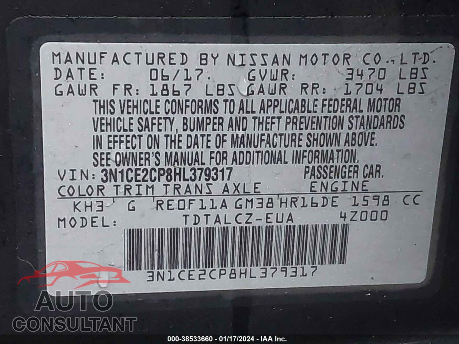 NISSAN VERSA NOTE 2017 - 3N1CE2CP8HL379317