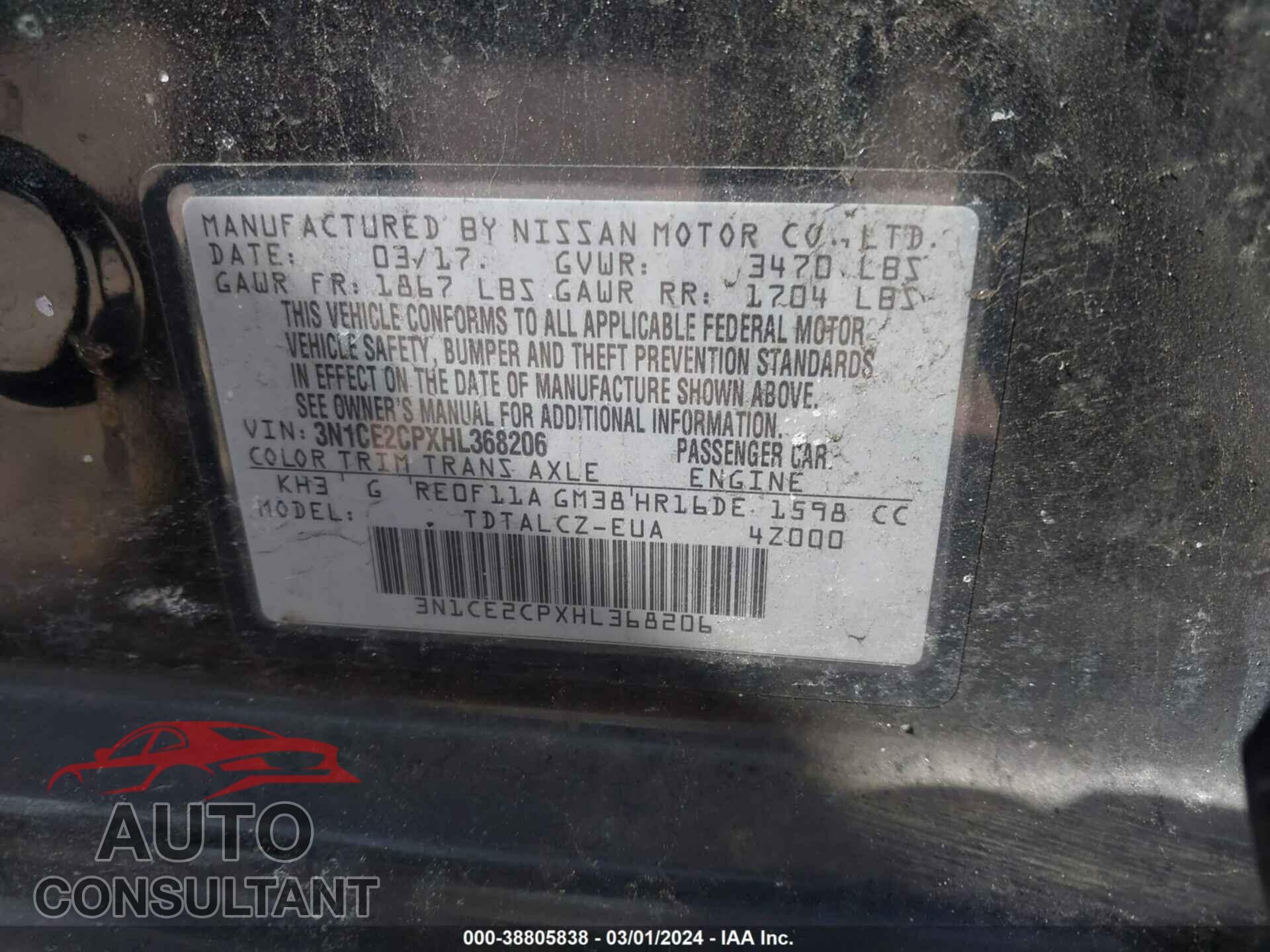 NISSAN VERSA NOTE 2017 - 3N1CE2CPXHL368206
