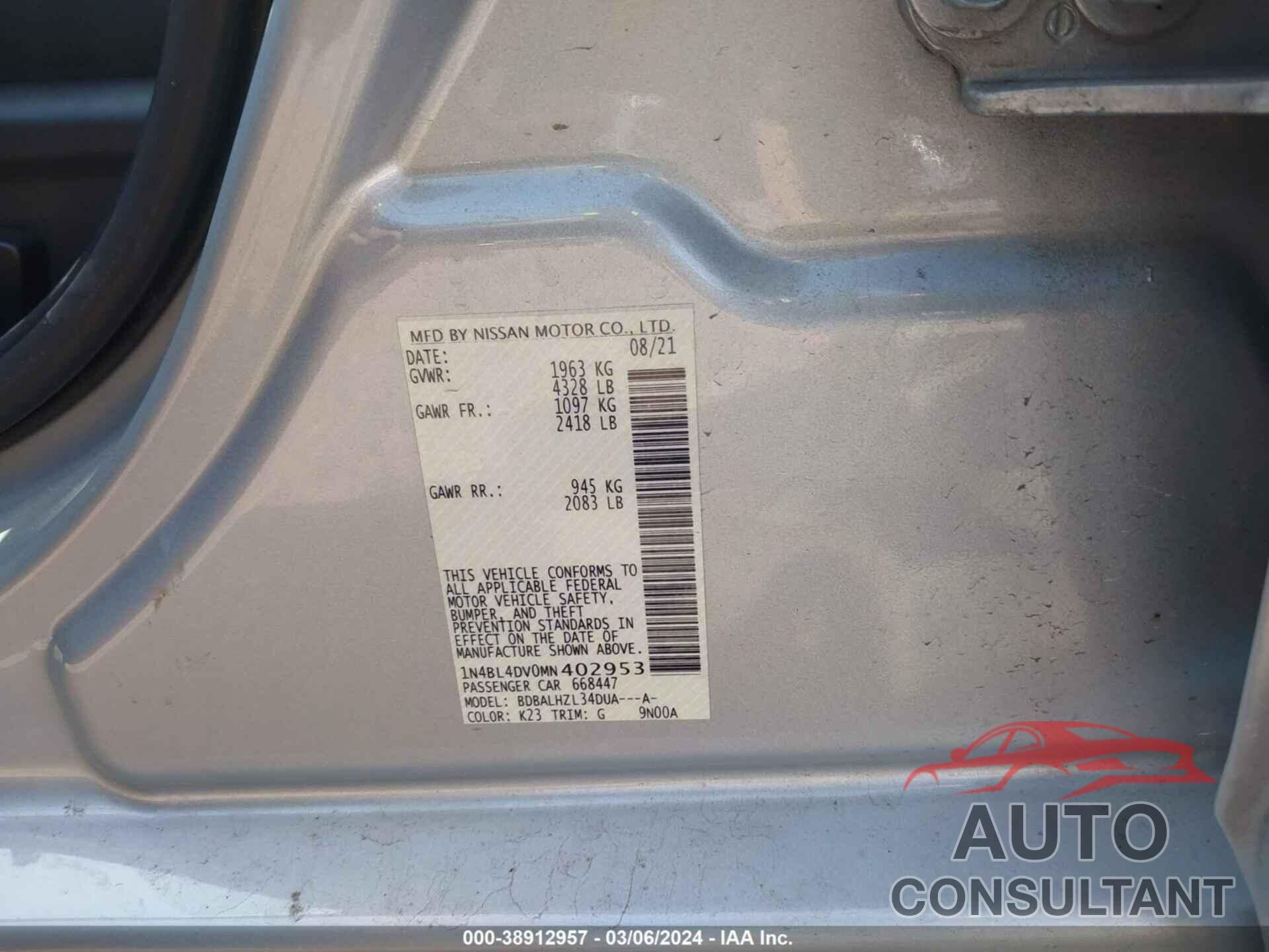 NISSAN ALTIMA 2021 - 1N4BL4DV0MN402953