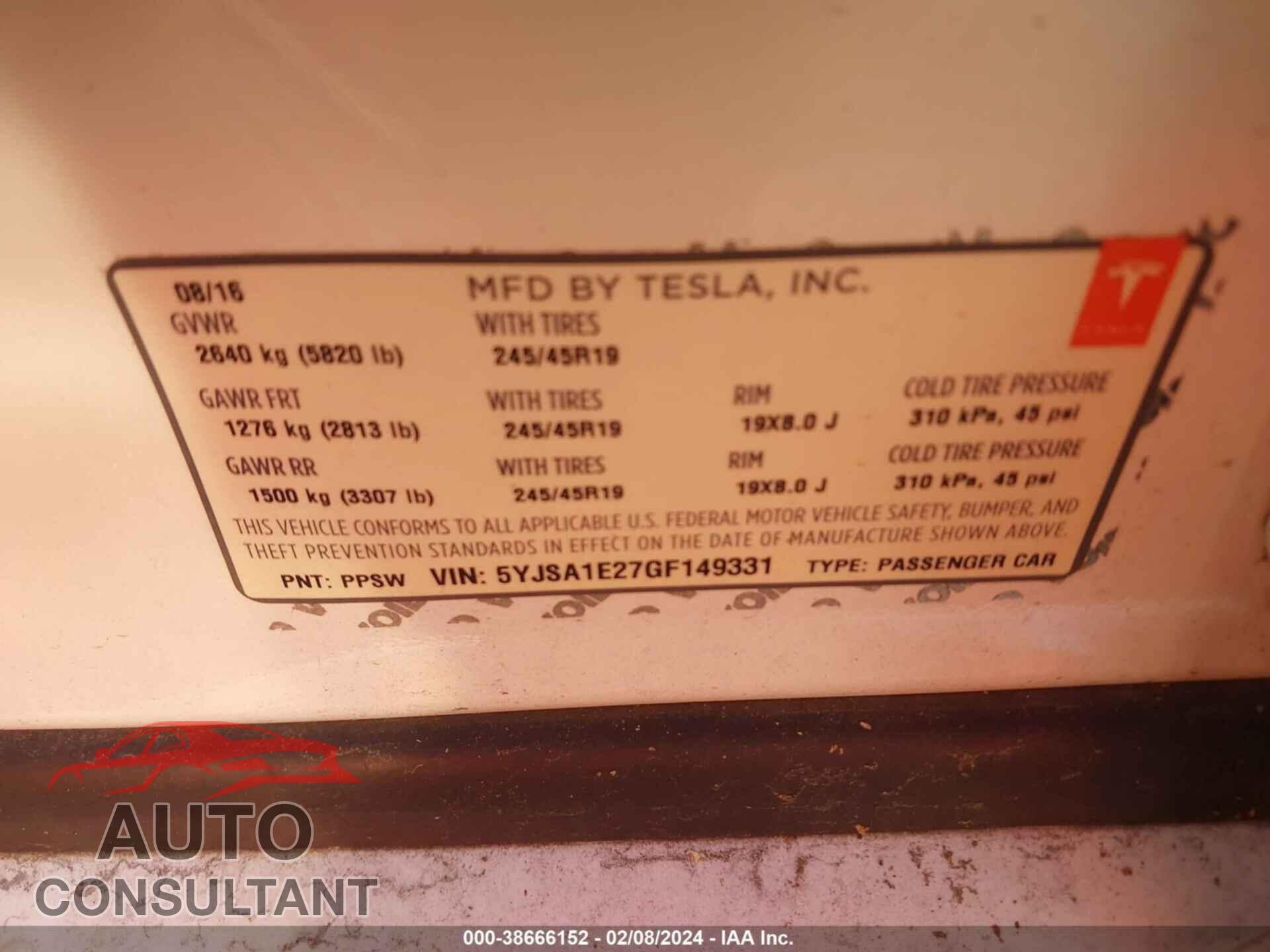TESLA MODEL S 2016 - 5YJSA1E27GF149331