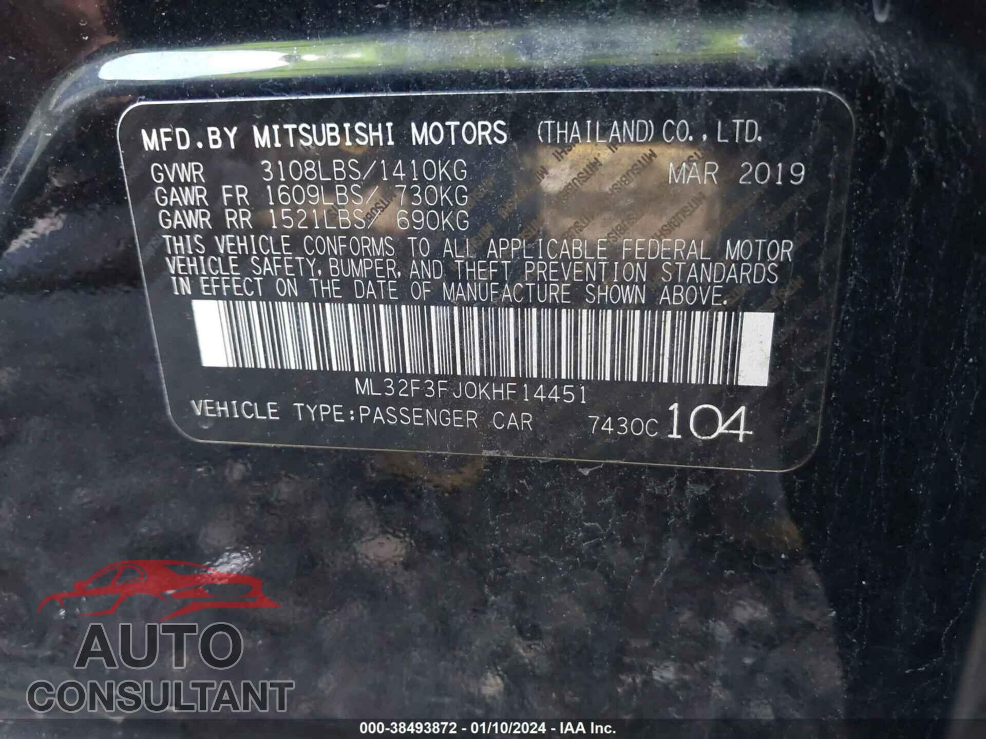 MITSUBISHI MIRAGE 2019 - ML32F3FJ0KHF14451