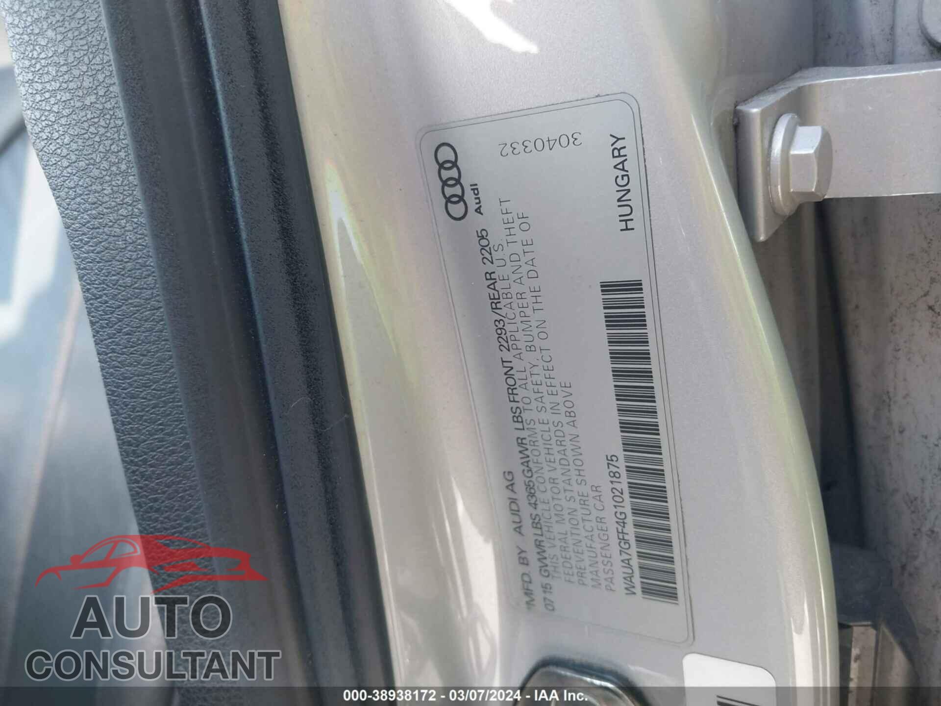 AUDI A3 2016 - WAUA7GFF4G1021875
