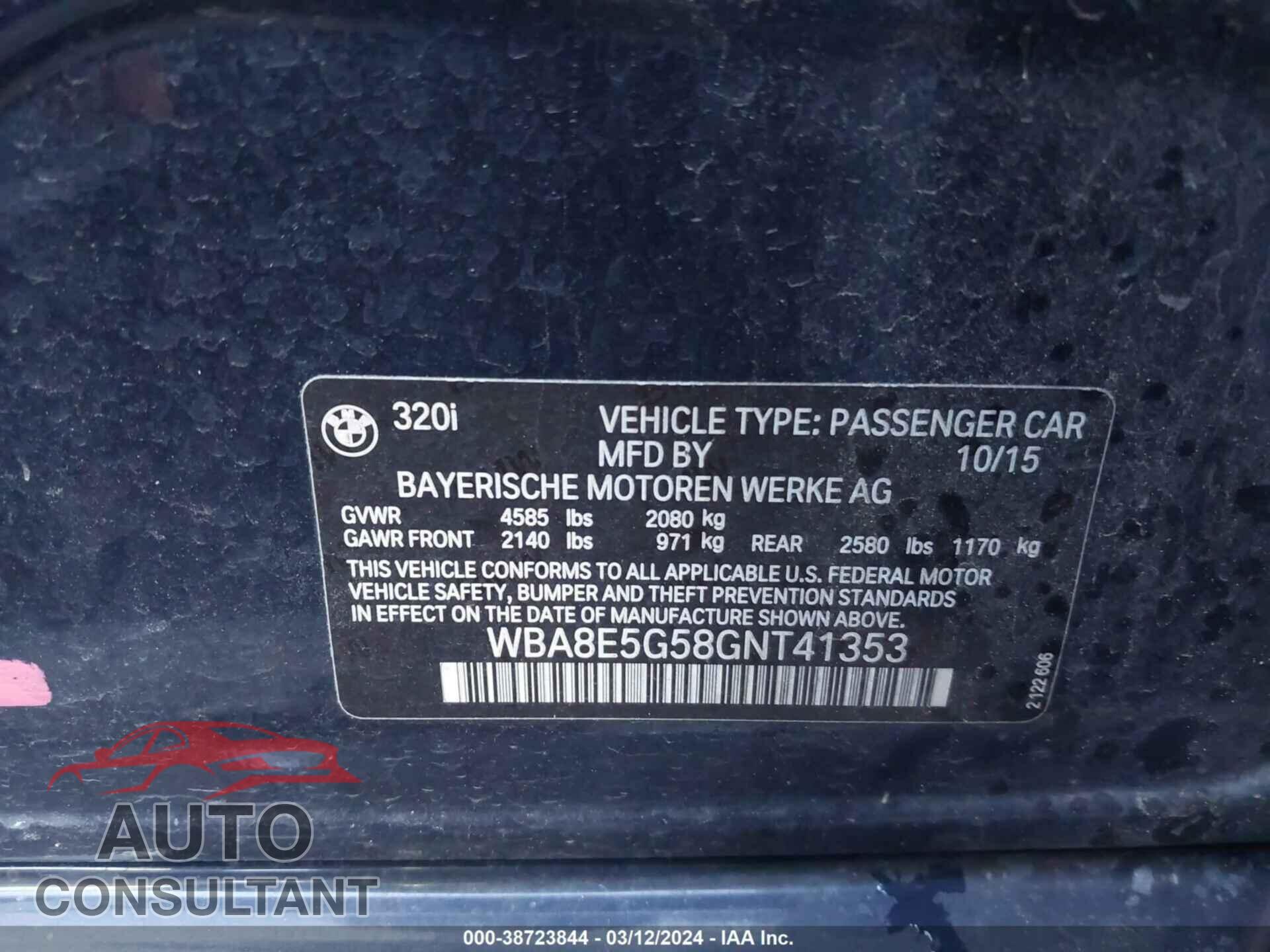 BMW 320 2016 - WBA8E5G58GNT41353