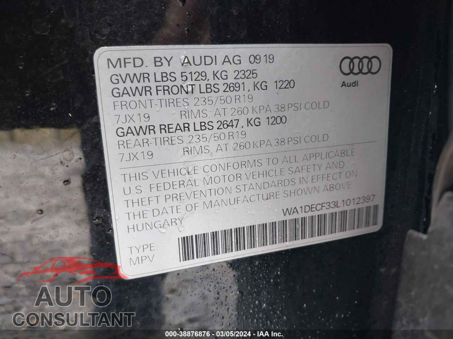 AUDI Q3 2020 - WA1DECF33L1012397
