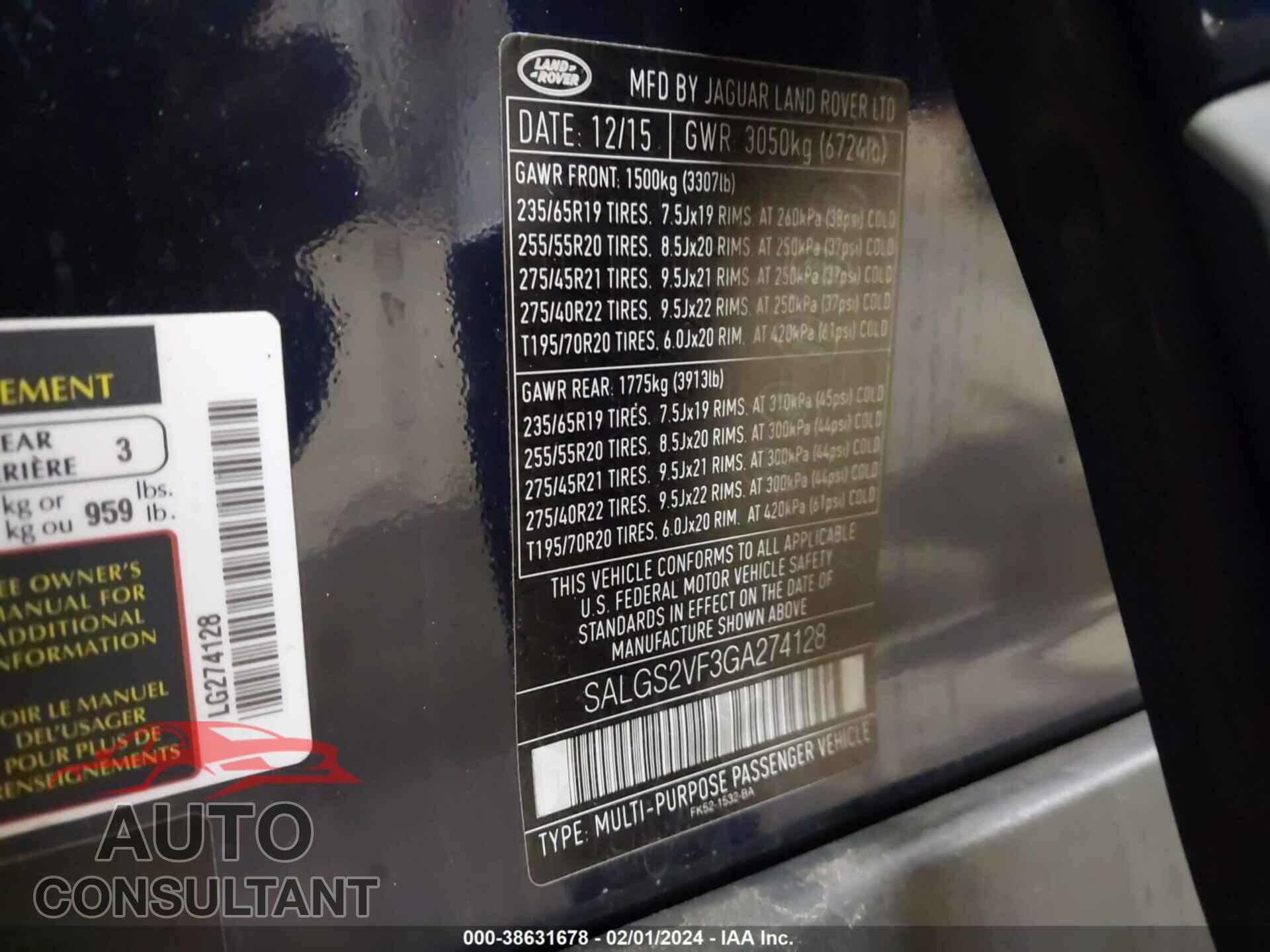 LAND ROVER RANGE ROVER 2016 - SALGS2VF3GA274128