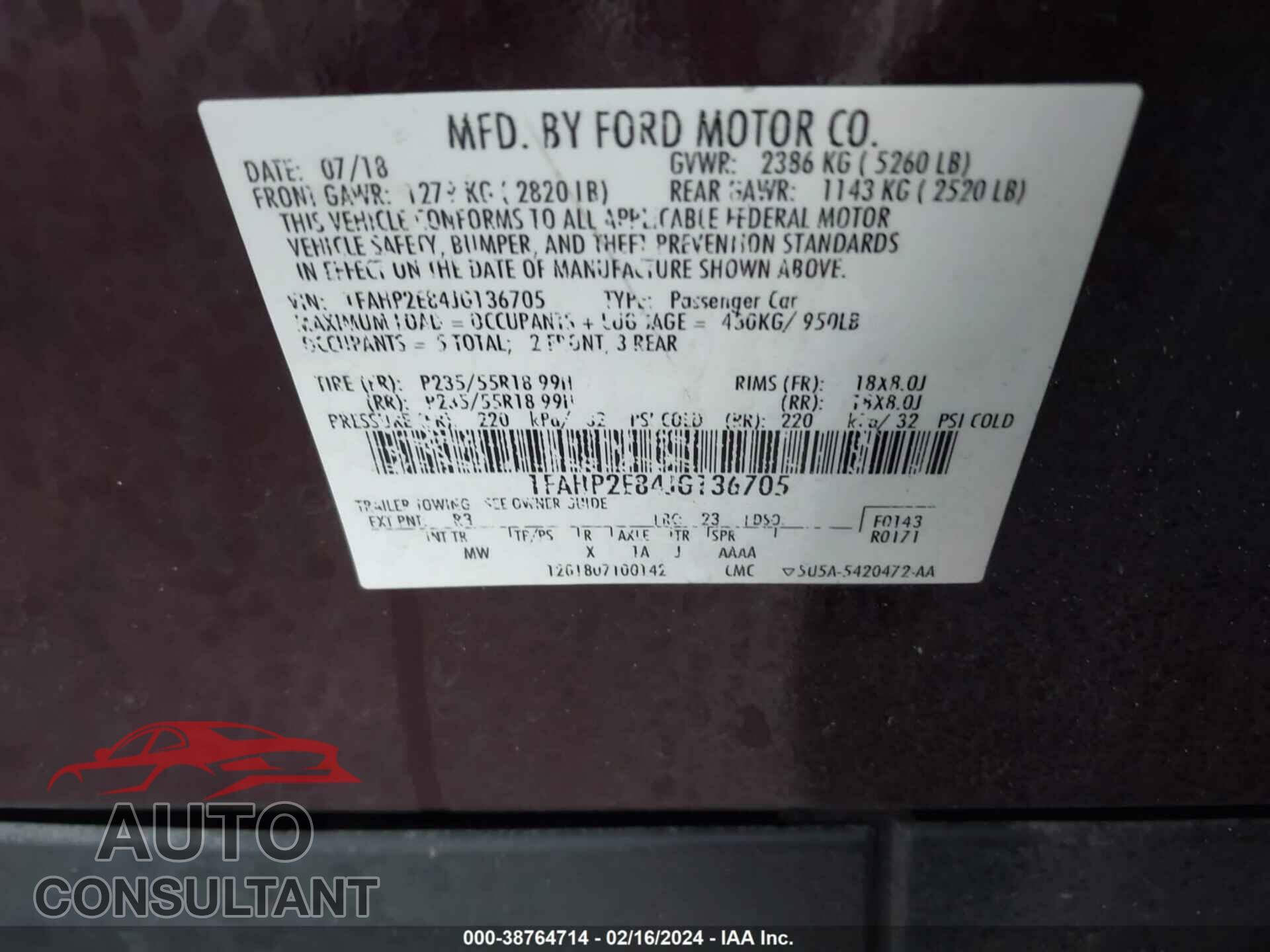 FORD TAURUS 2018 - 1FAHP2E84JG136705