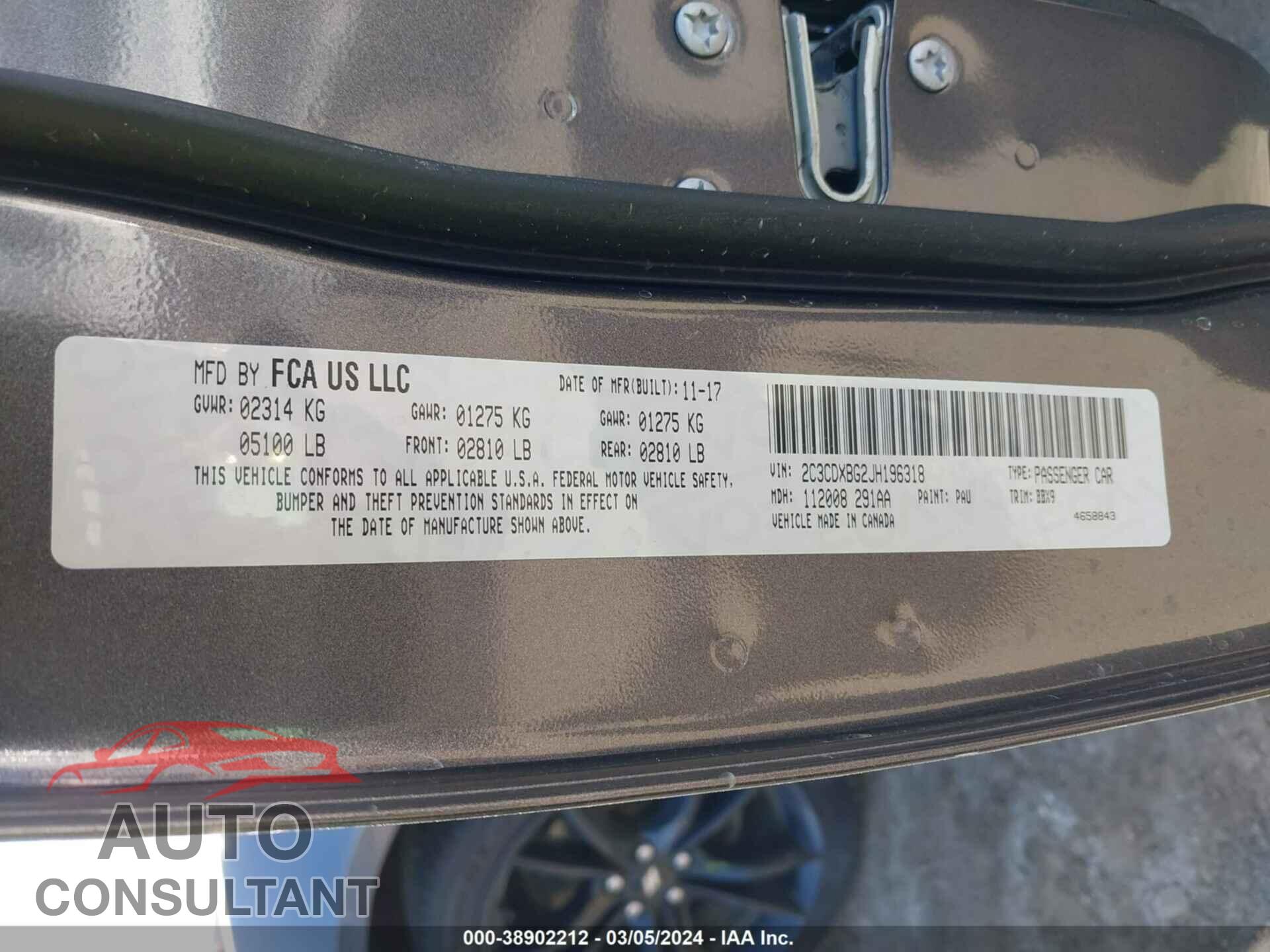 DODGE CHARGER 2018 - 2C3CDXBG2JH196318