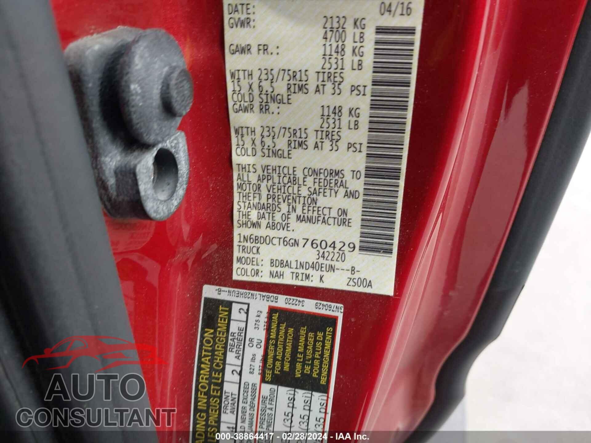 NISSAN FRONTIER 2016 - 1N6BD0CT6GN760429