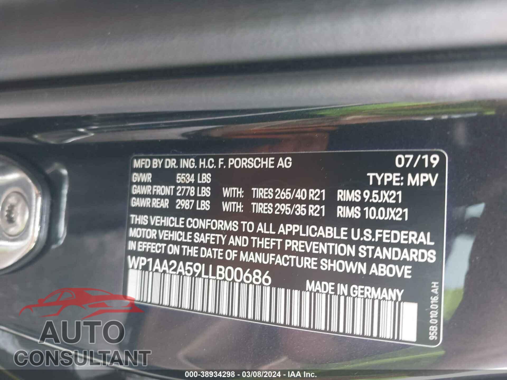 PORSCHE MACAN 2020 - WP1AA2A59LLB00686