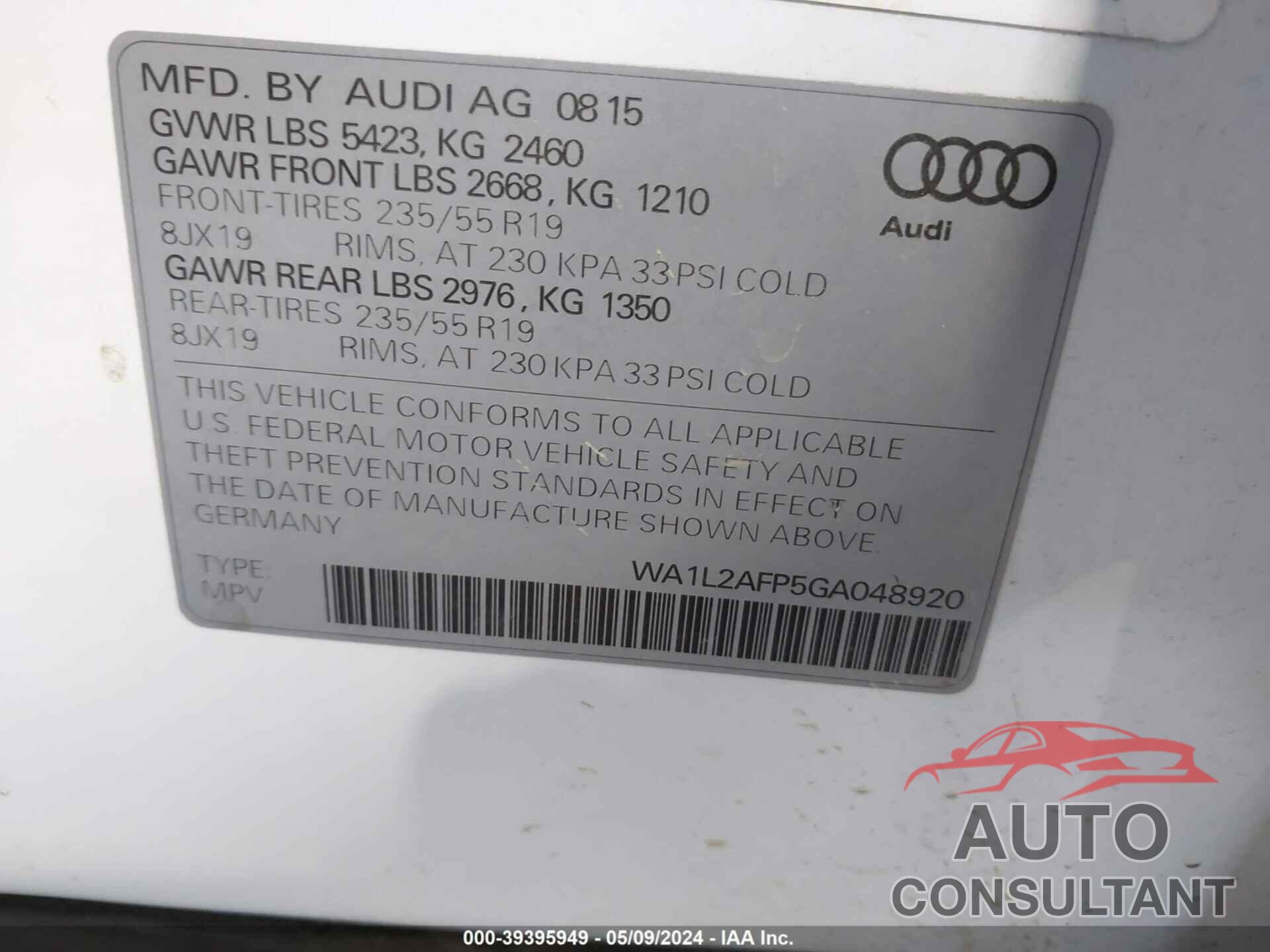 AUDI Q5 2016 - WA1L2AFP5GA048920