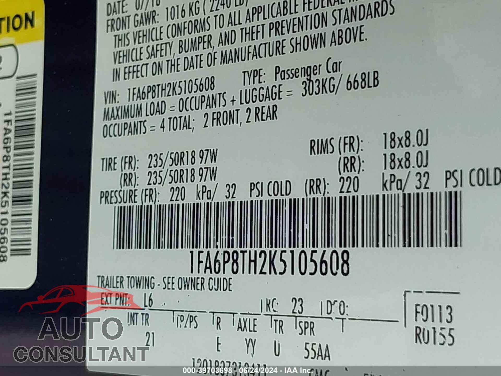 FORD MUSTANG 2019 - 1FA6P8TH2K5105608