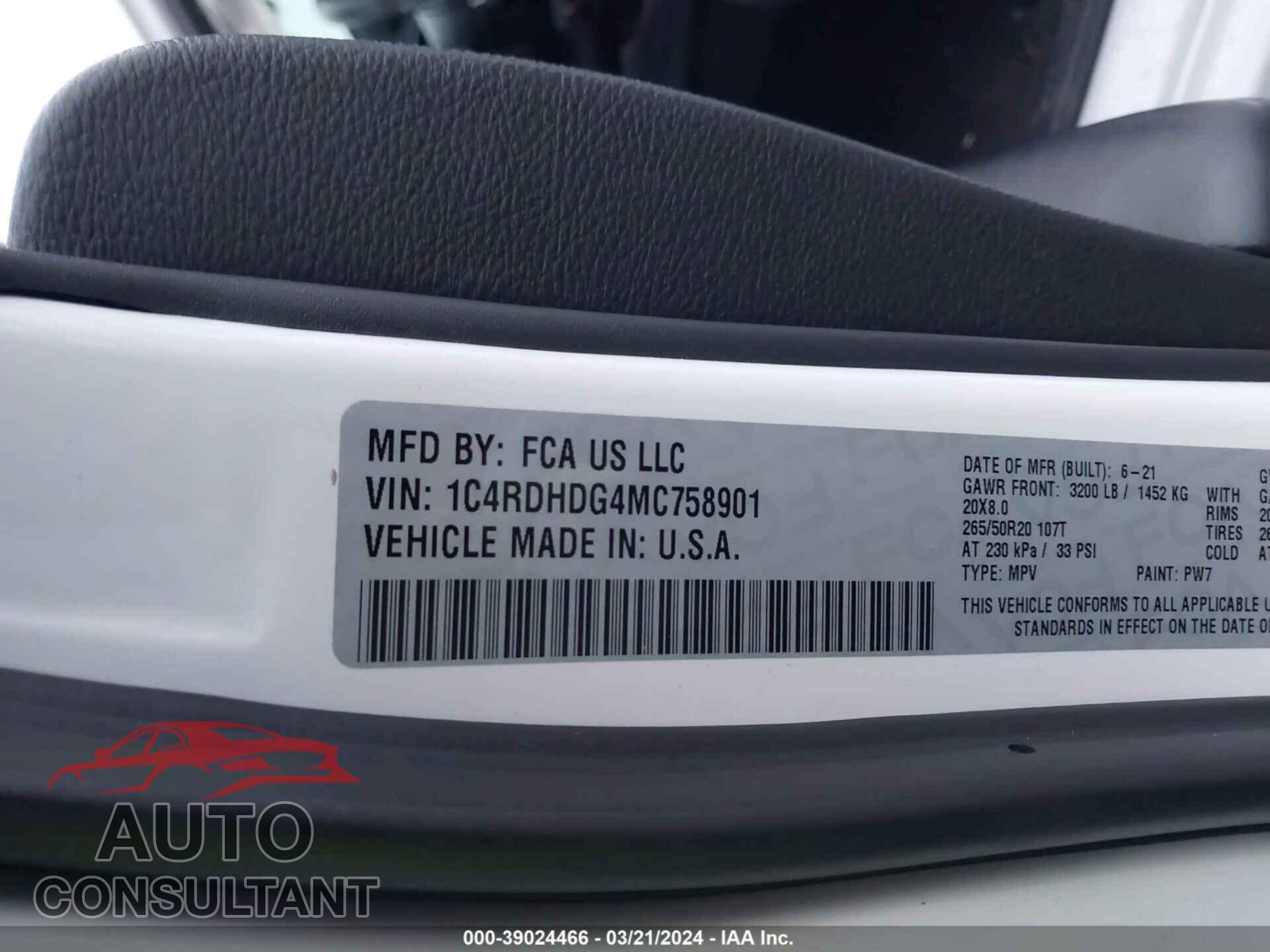 DODGE DURANGO 2021 - 1C4RDHDG4MC758901