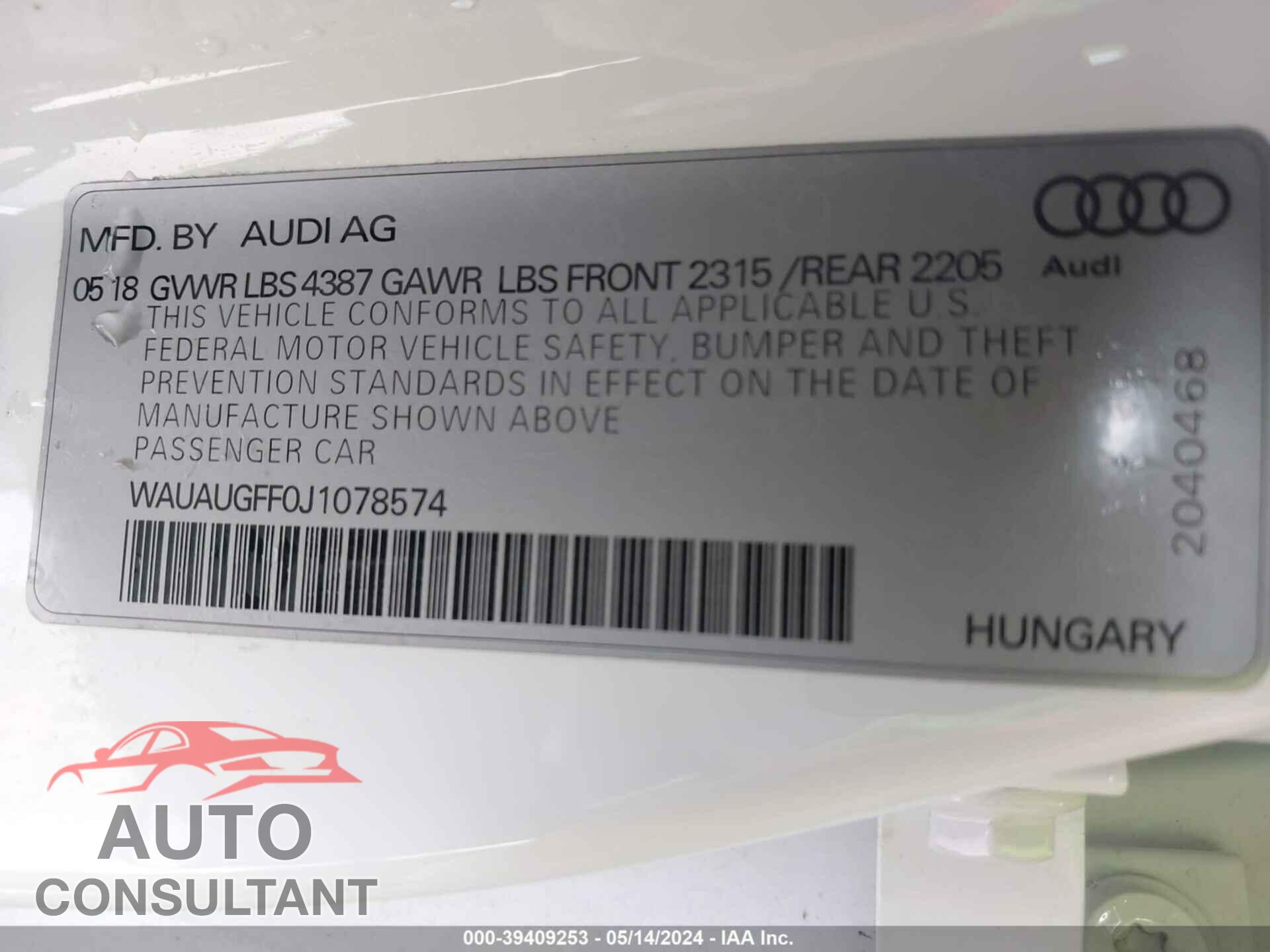AUDI A3 2018 - WAUAUGFF0J1078574