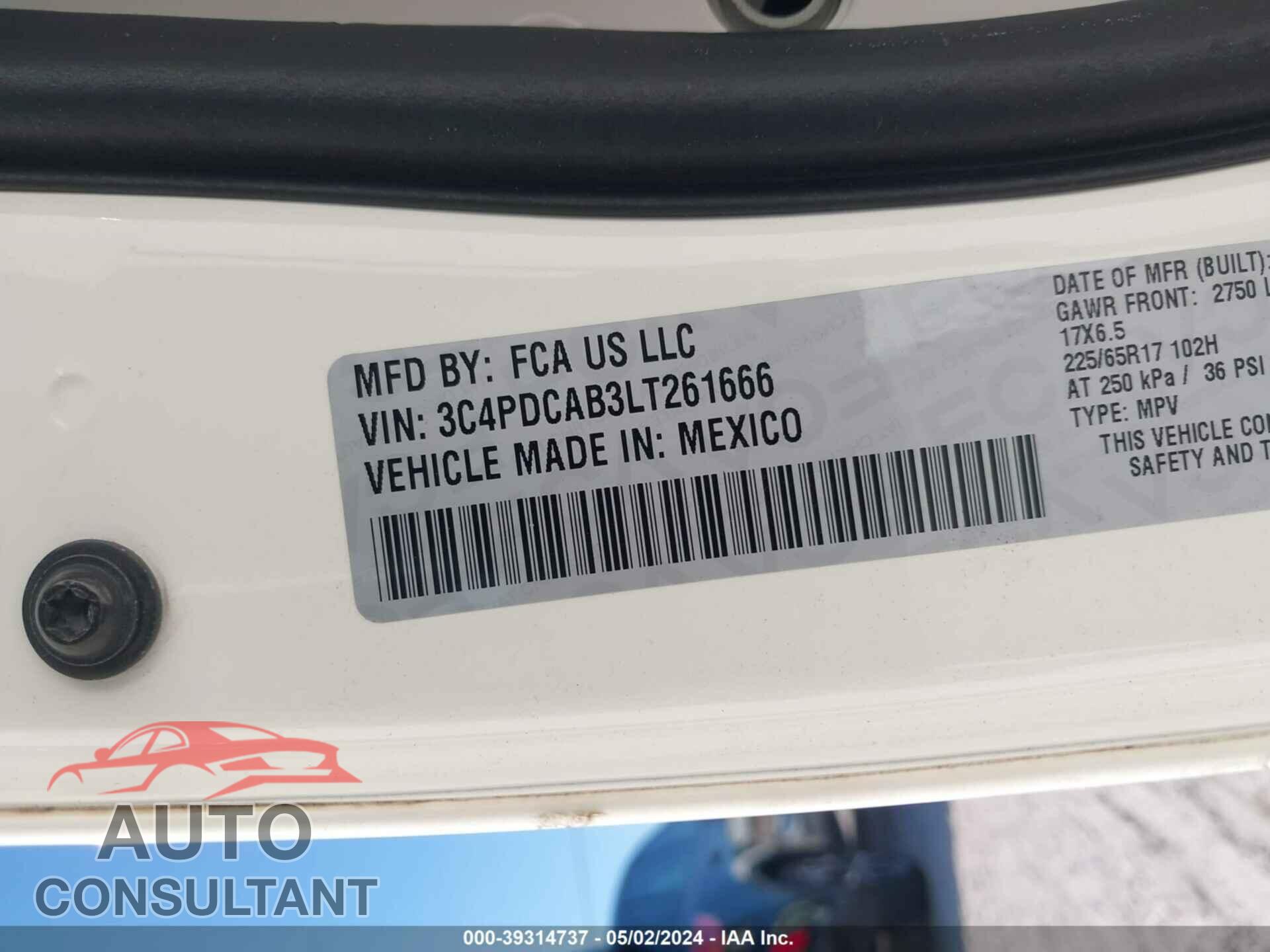 DODGE JOURNEY 2020 - 3C4PDCAB3LT261666