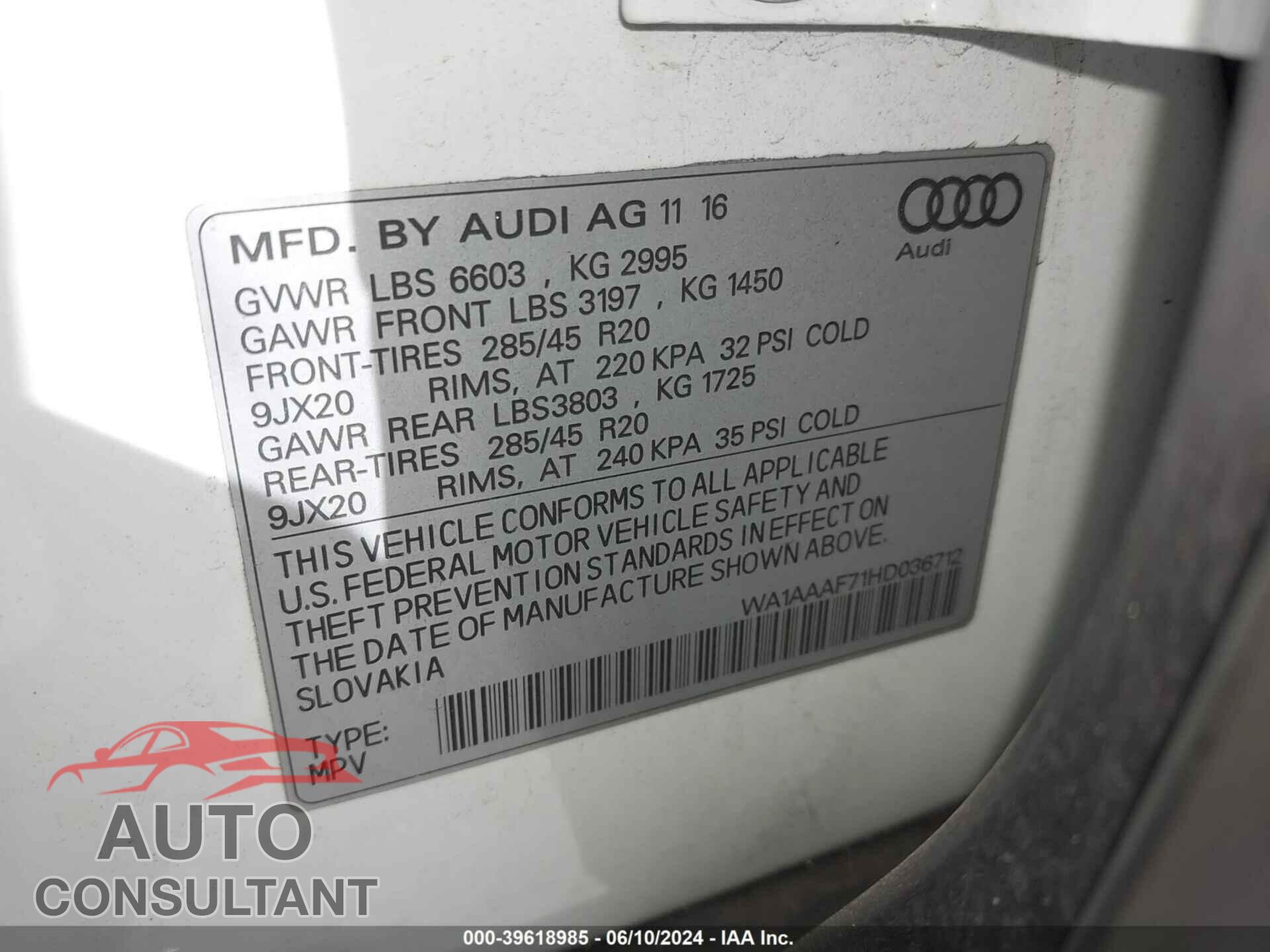 AUDI Q7 2017 - WA1AAAF71HD036712