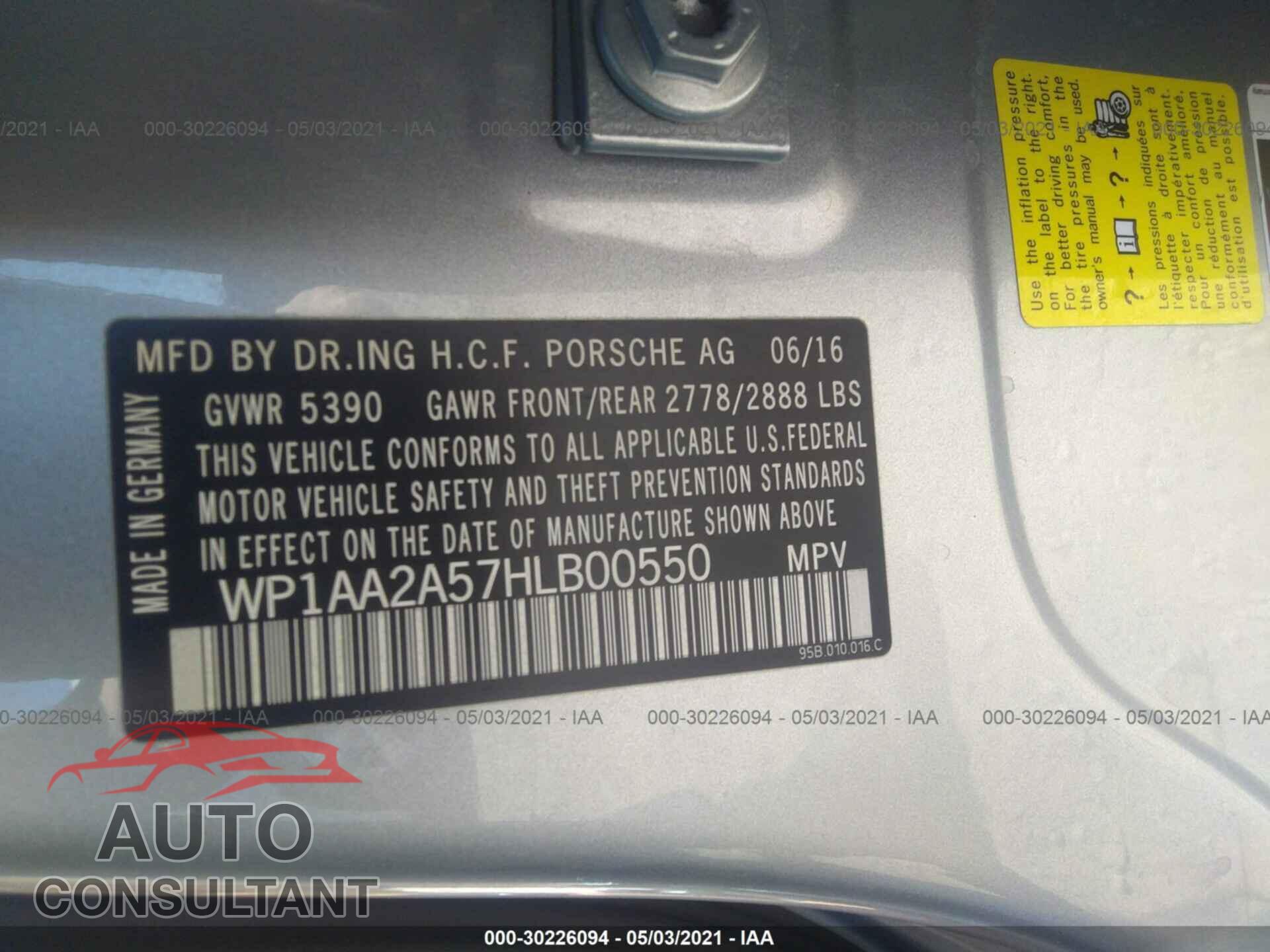 PORSCHE MACAN 2017 - WP1AA2A57HLB00550