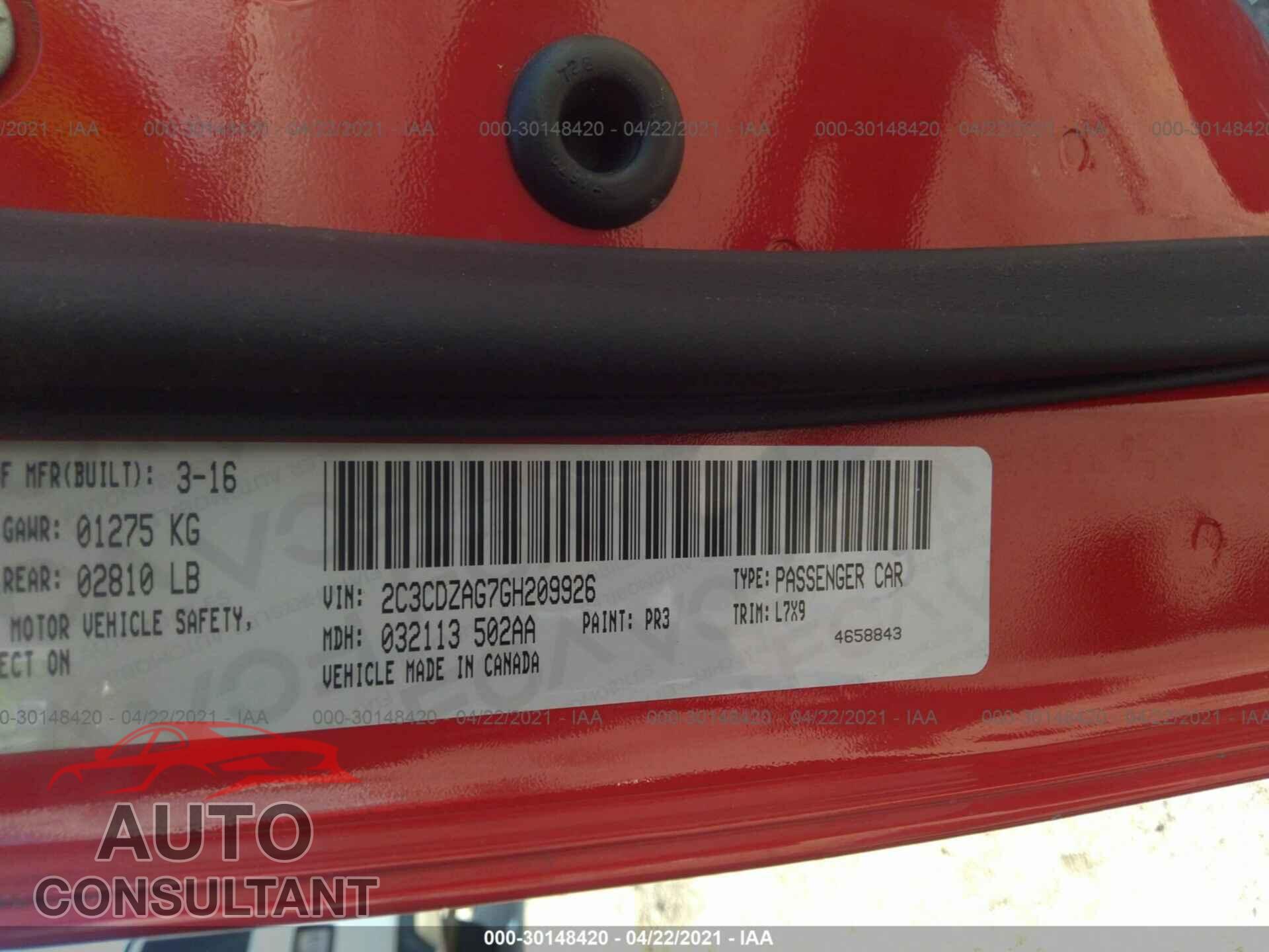 DODGE CHALLENGER 2016 - 2C3CDZAG7GH209926