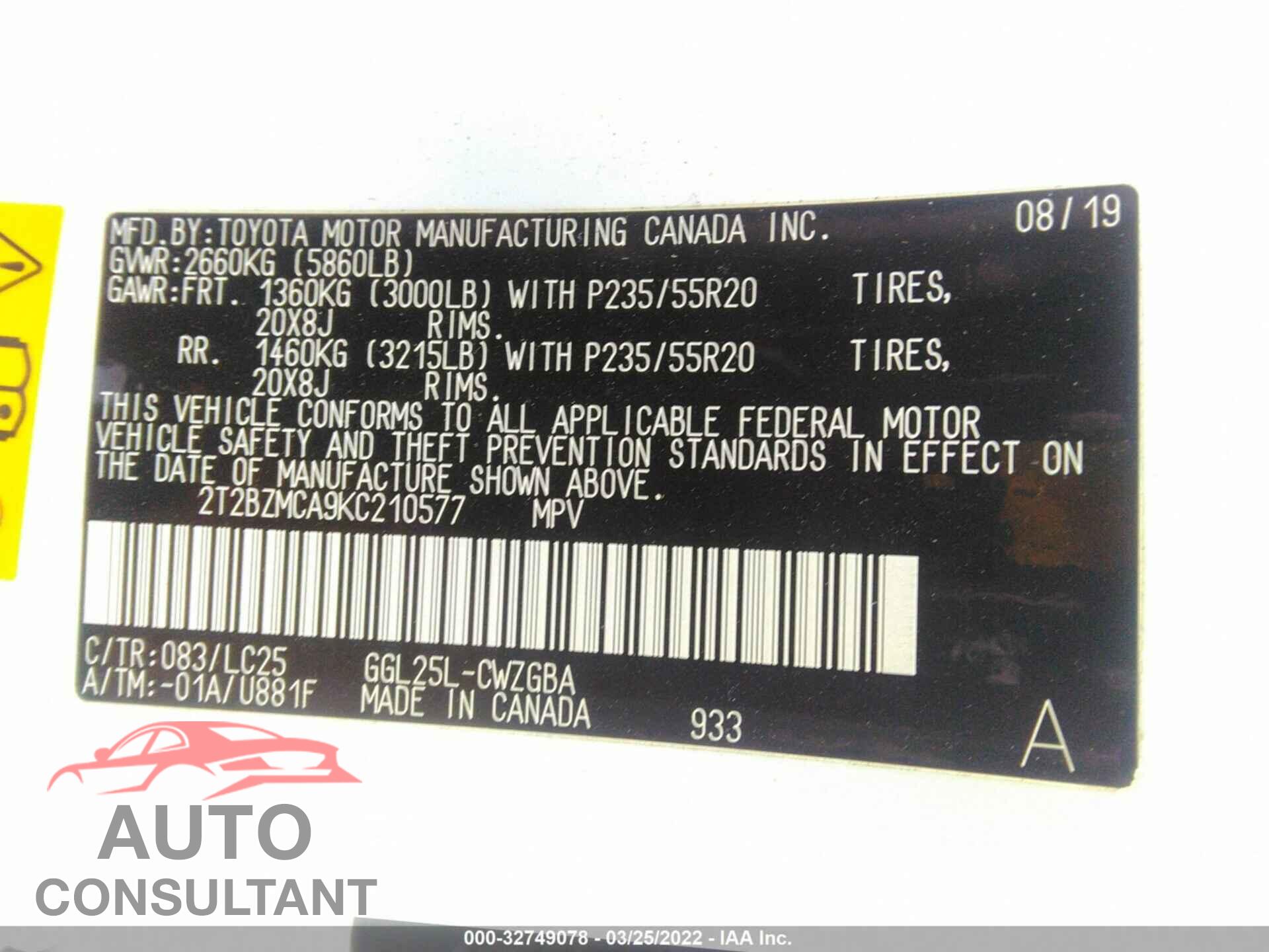 LEXUS RX 2019 - 2T2BZMCA9KC210577