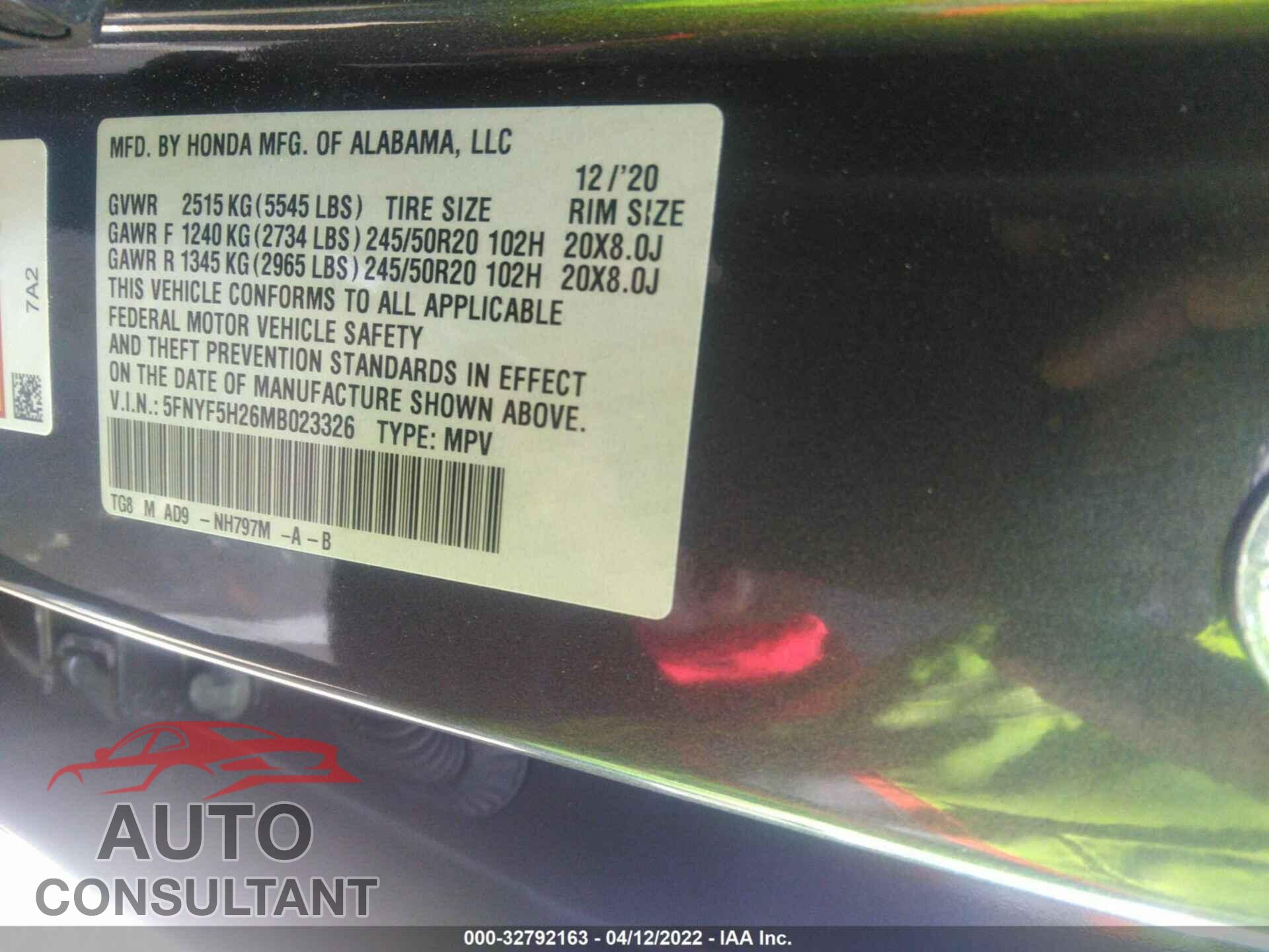 HONDA PILOT 2021 - 5FNYF5H26MB023326
