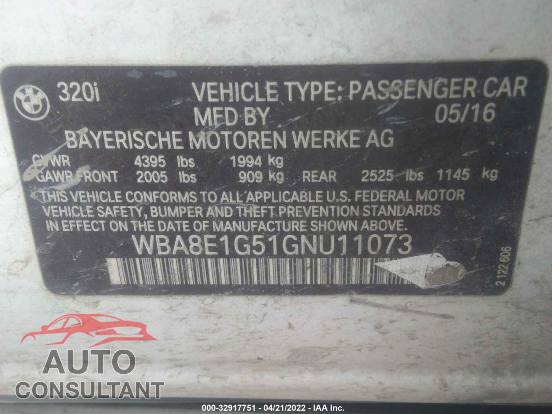 BMW 3 SERIES 2016 - WBA8E1G51GNU11073