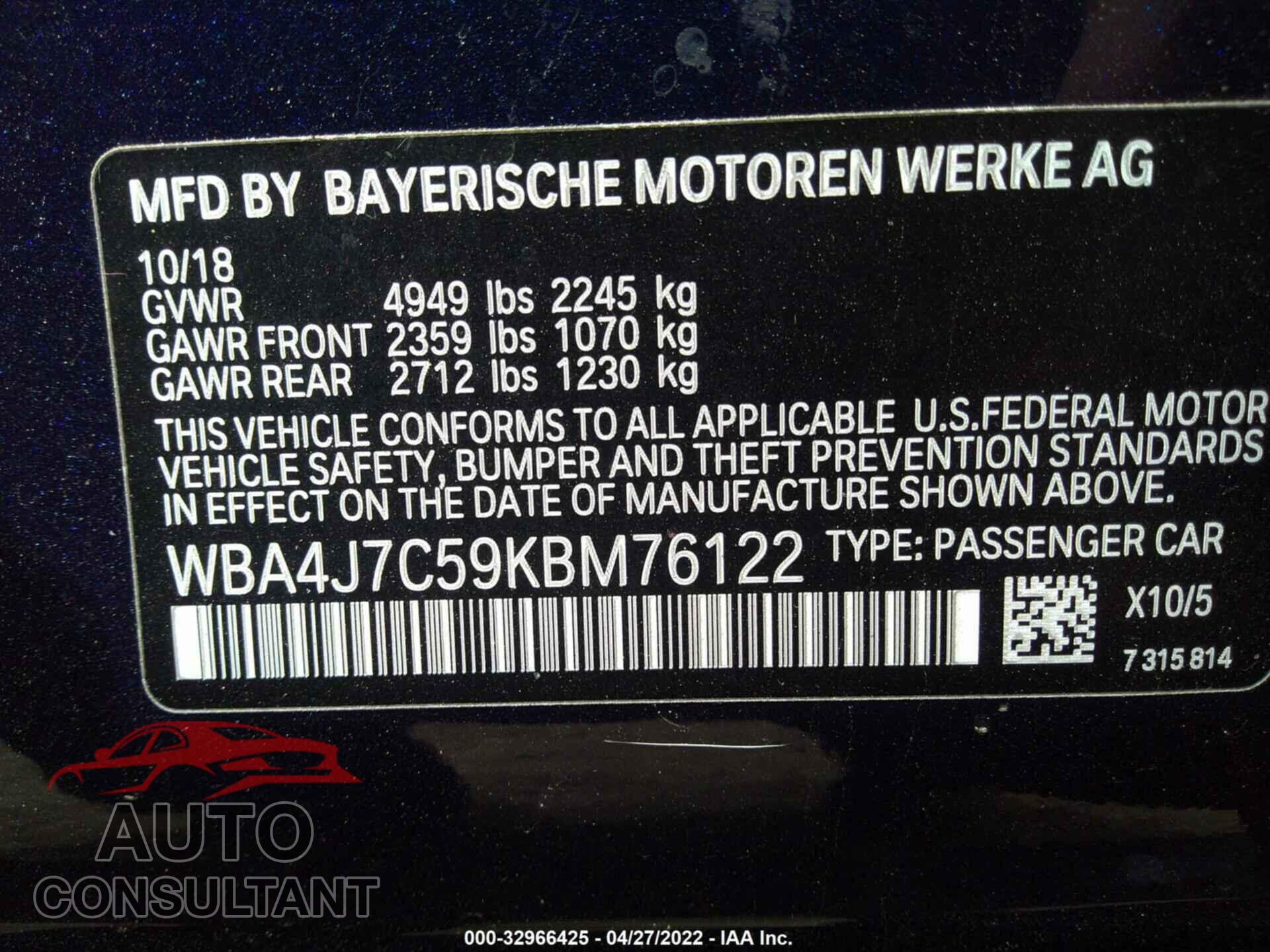 BMW 4 SERIES 2019 - WBA4J7C59KBM76122