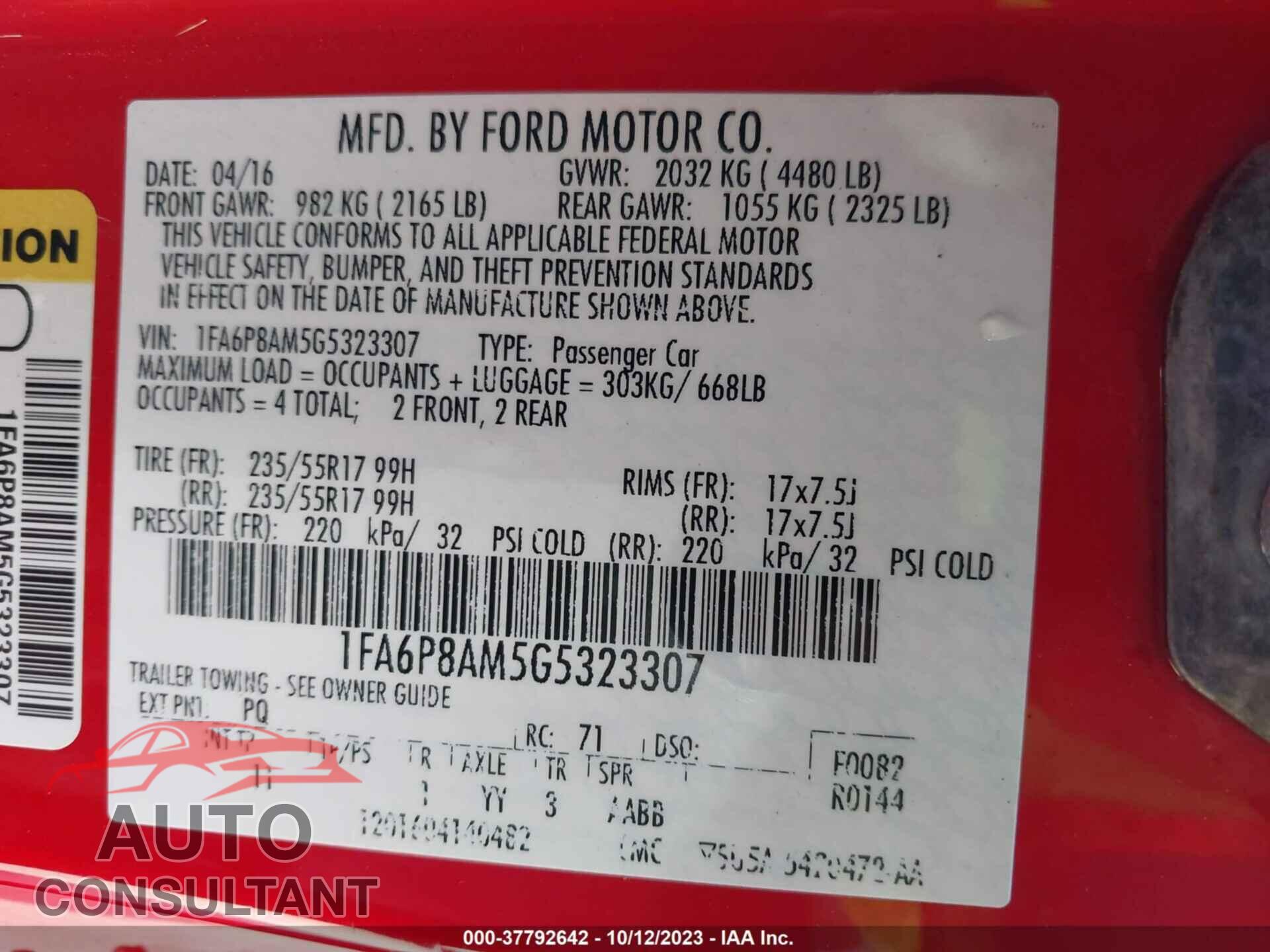 FORD MUSTANG 2016 - 1FA6P8AM5G5323307