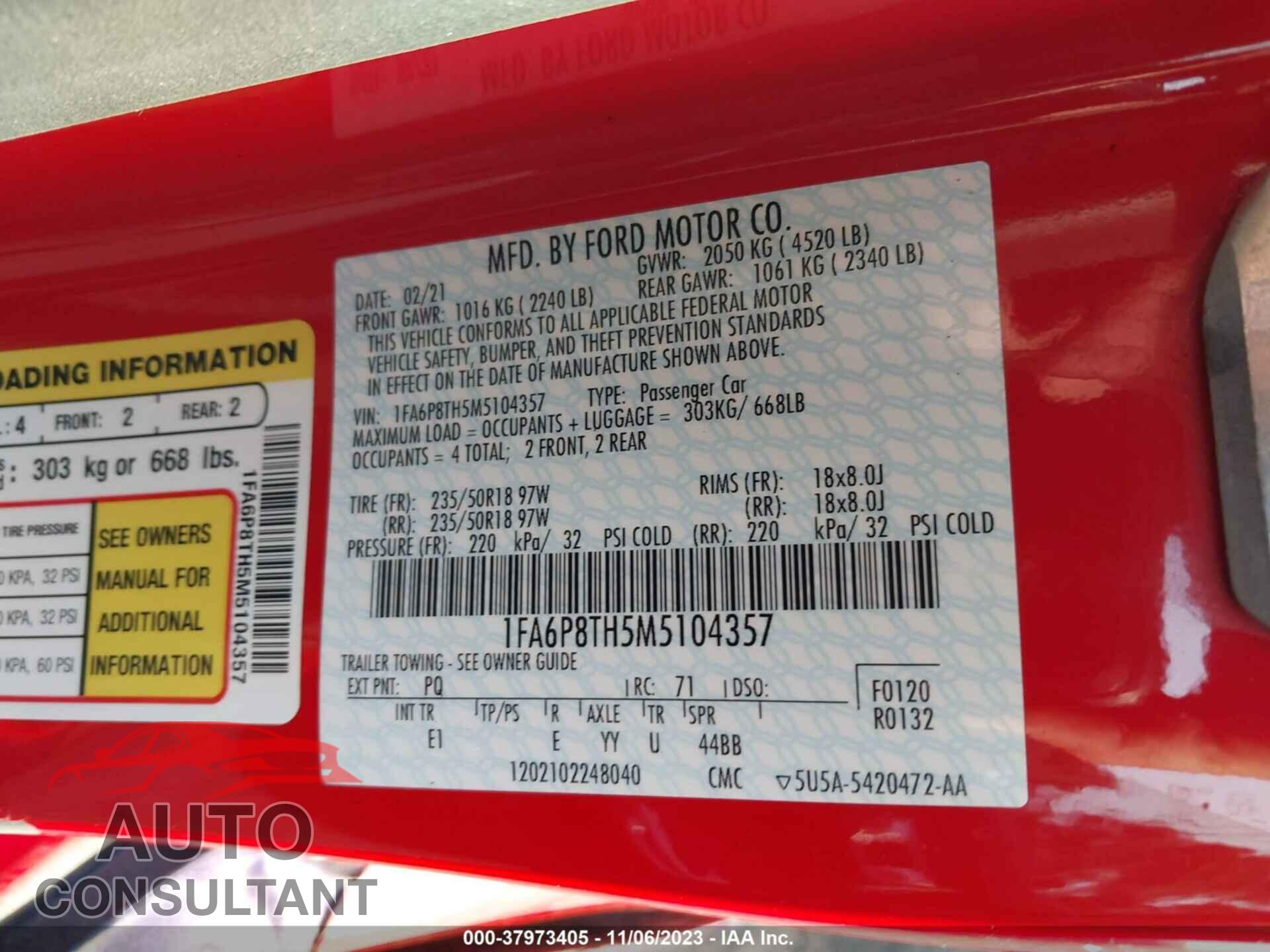 FORD MUSTANG 2021 - 1FA6P8TH5M5104357