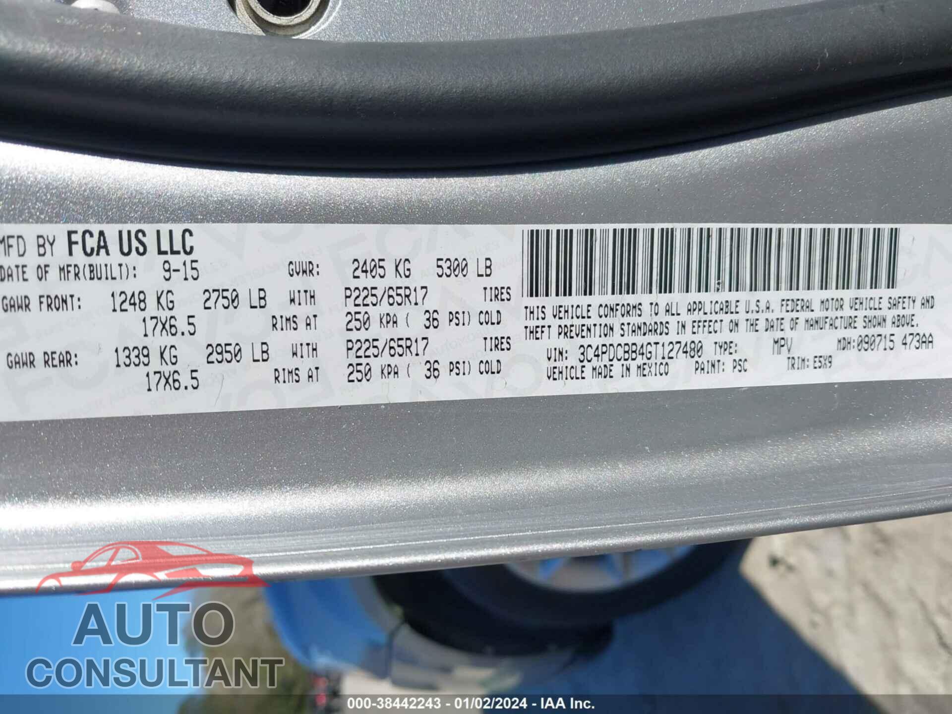 DODGE JOURNEY 2016 - 3C4PDCBB4GT127480