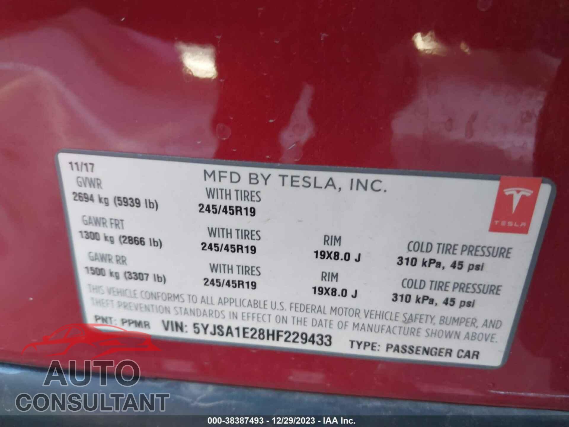 TESLA MODEL S 2017 - 5YJSA1E28HF229433