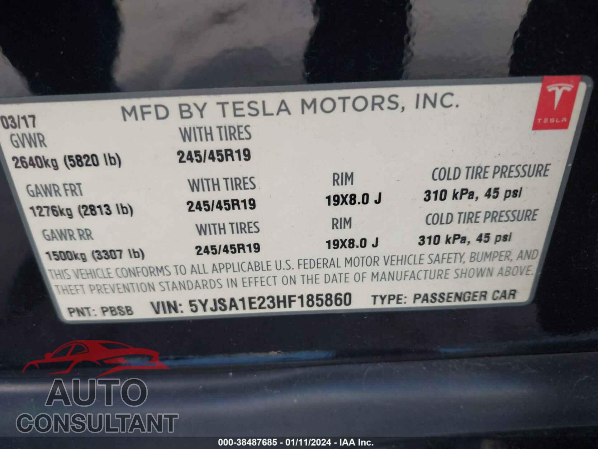 TESLA MODEL S 2017 - 5YJSA1E23HF185860