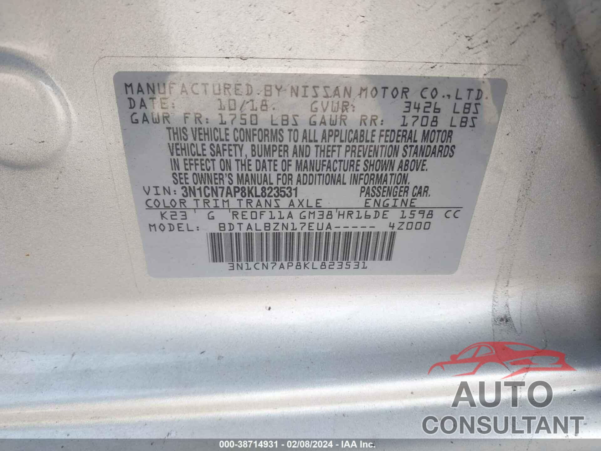 NISSAN VERSA 2019 - 3N1CN7AP8KL823531