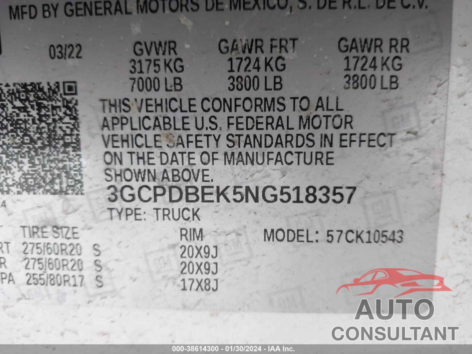 CHEVROLET SILVERADO 1500 2022 - 3GCPDBEK5NG518357