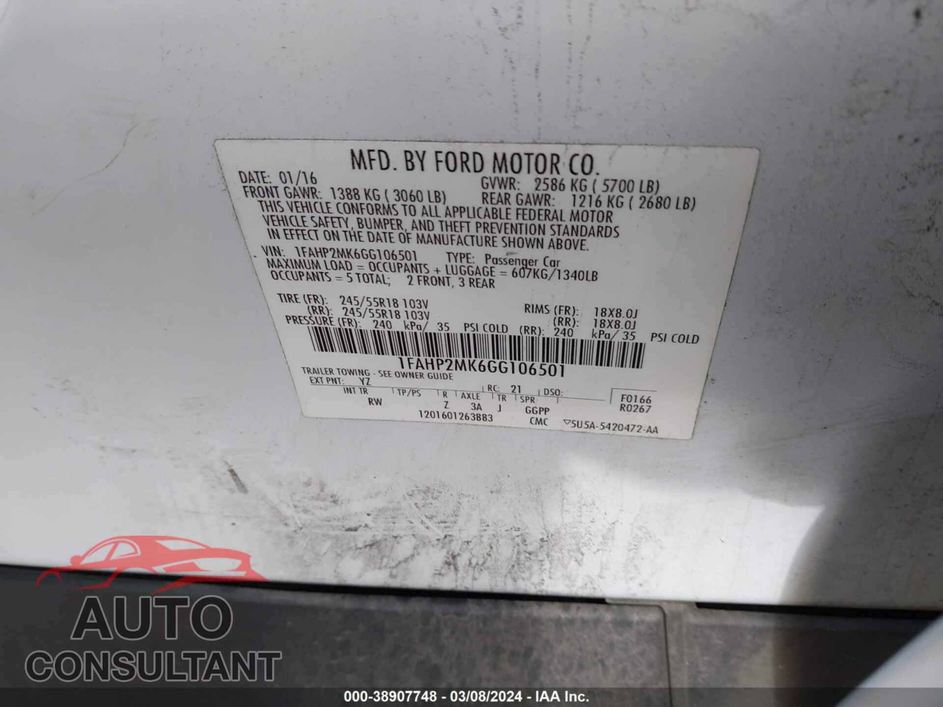 FORD TAURUS 2016 - 1FAHP2MK6GG106501