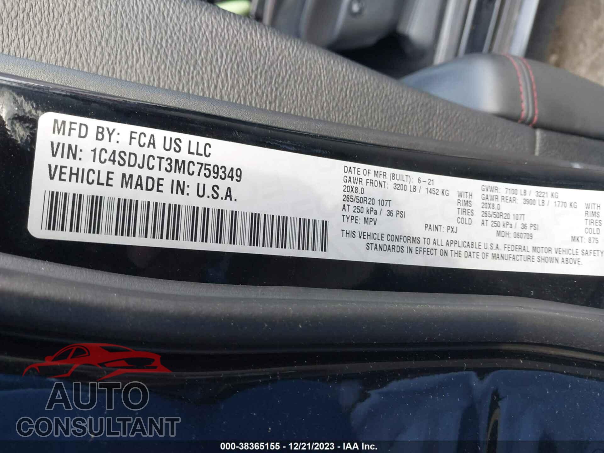DODGE DURANGO 2021 - 1C4SDJCT3MC759349