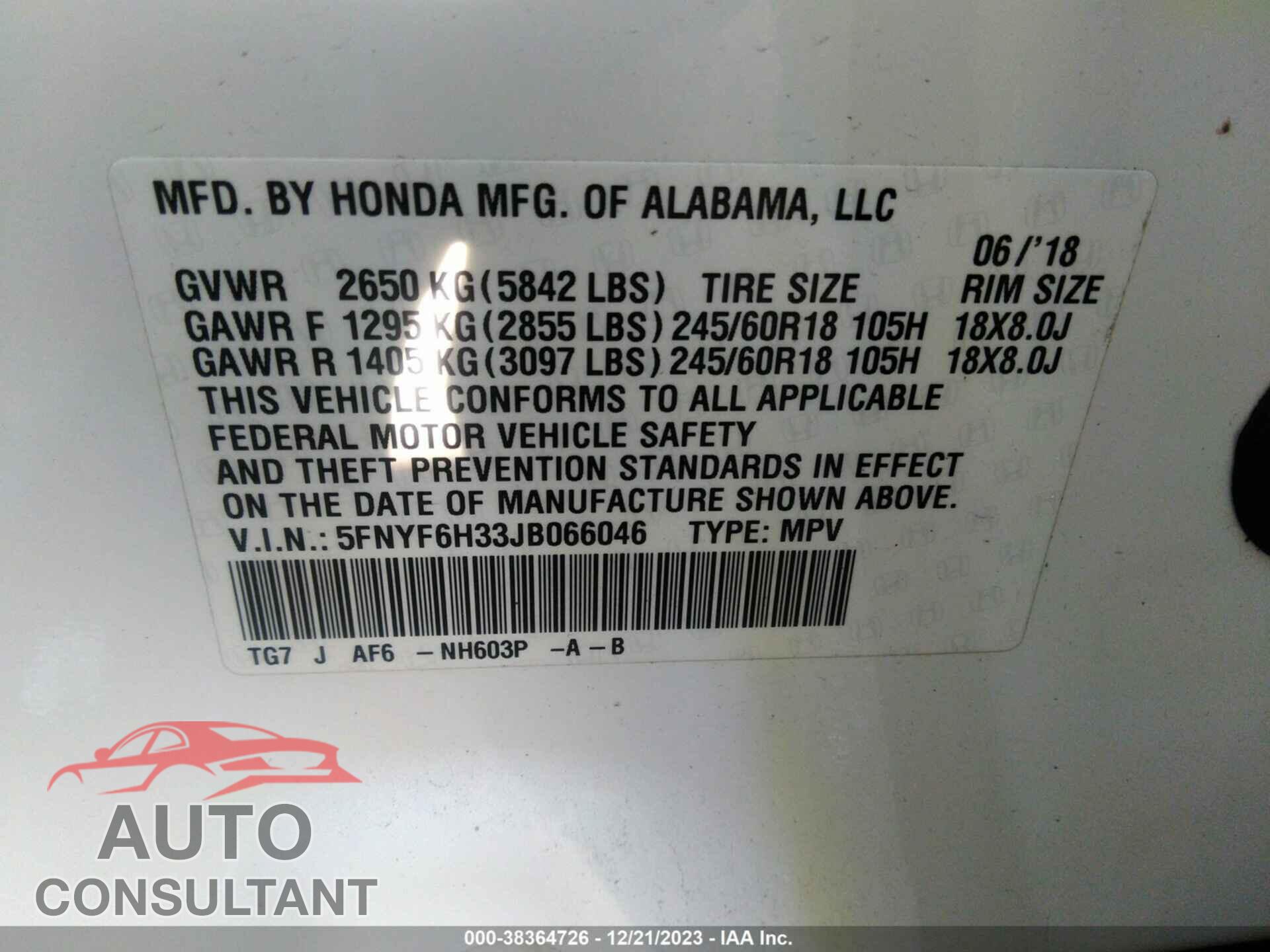 HONDA PILOT 2018 - 5FNYF6H33JB066046