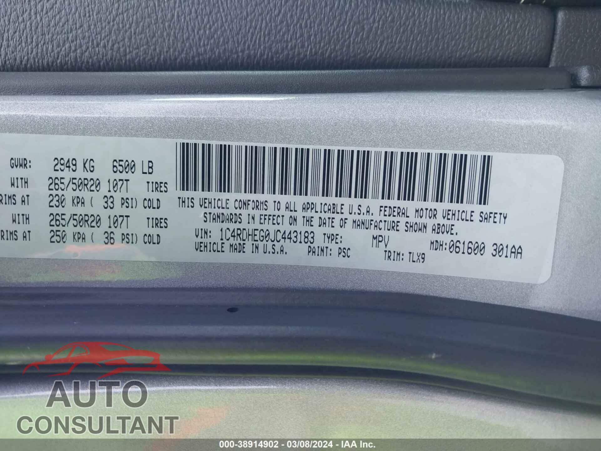 DODGE DURANGO 2018 - 1C4RDHEG0JC443183