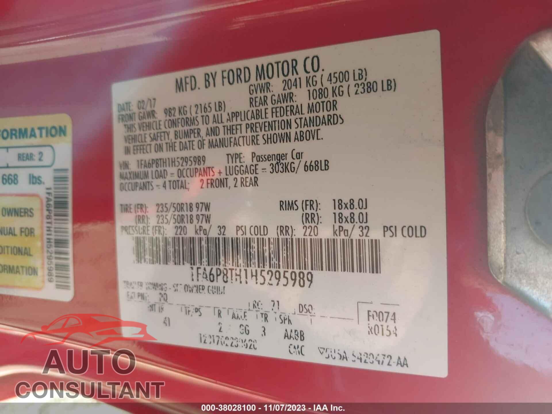 FORD MUSTANG 2017 - 1FA6P8TH1H5295989