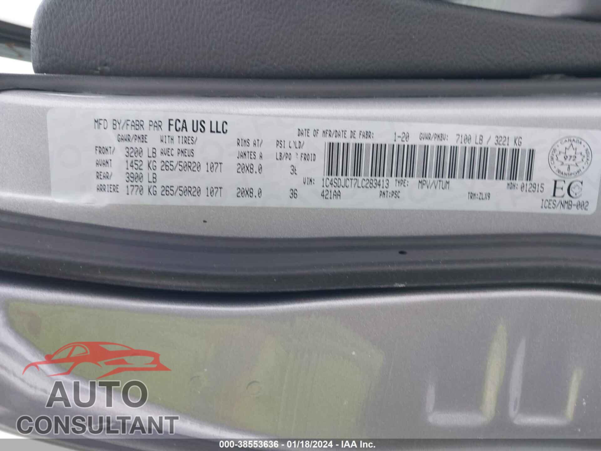 DODGE DURANGO 2020 - 1C4SDJCT7LC283413