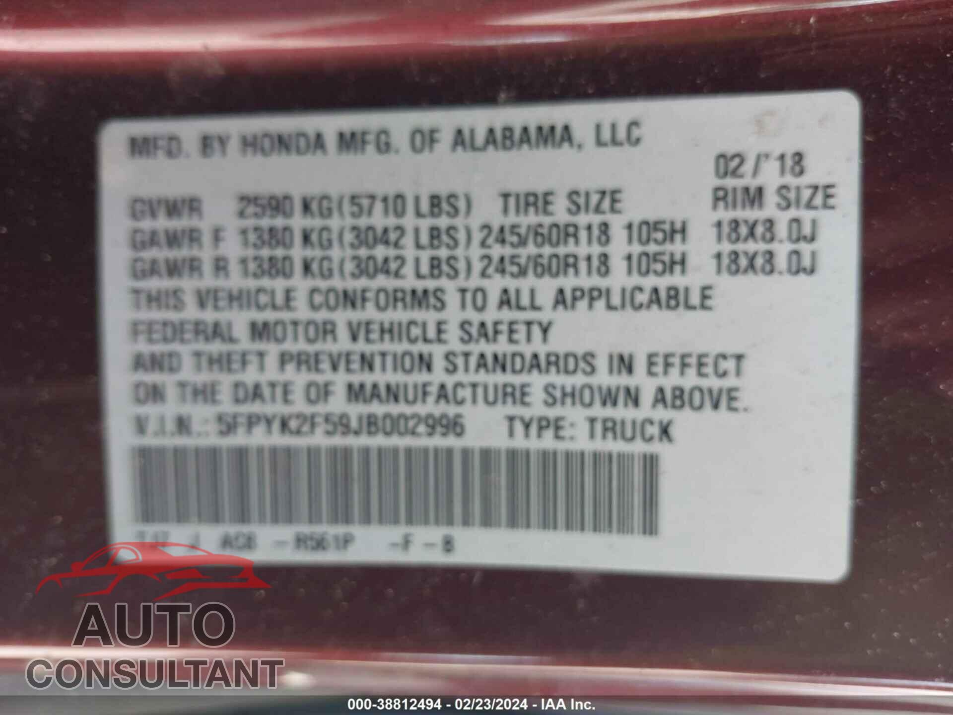 HONDA RIDGELINE 2018 - 5FPYK2F59JB002996