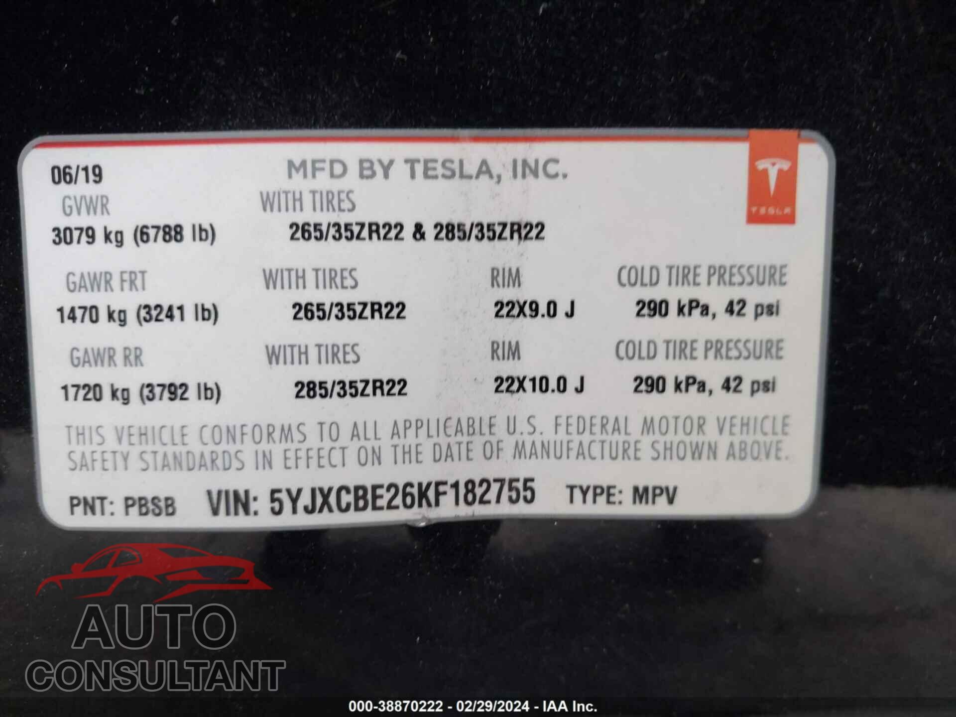 TESLA MODEL X 2019 - 5YJXCBE26KF182755