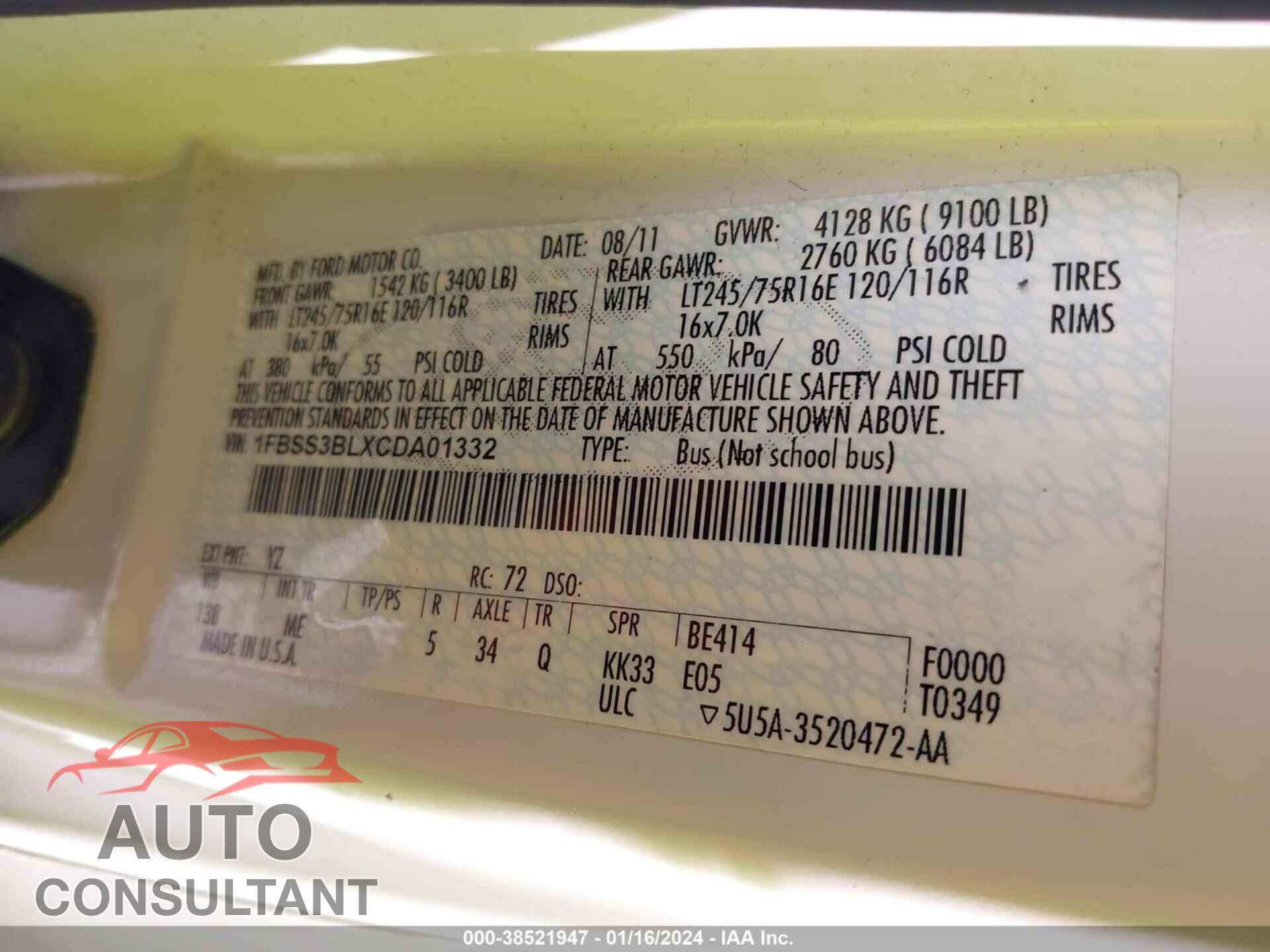 FORD E-350 SUPER DUTY 2012 - 1FBSS3BLXCDA01332