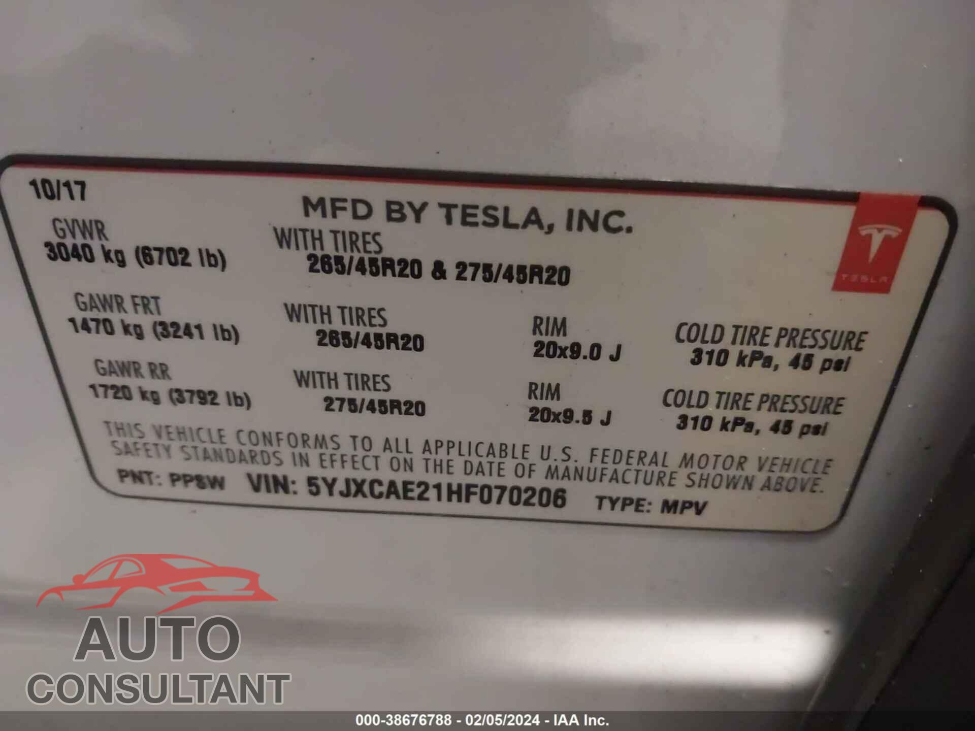 TESLA MODEL X 2017 - 5YJXCAE21HF070206