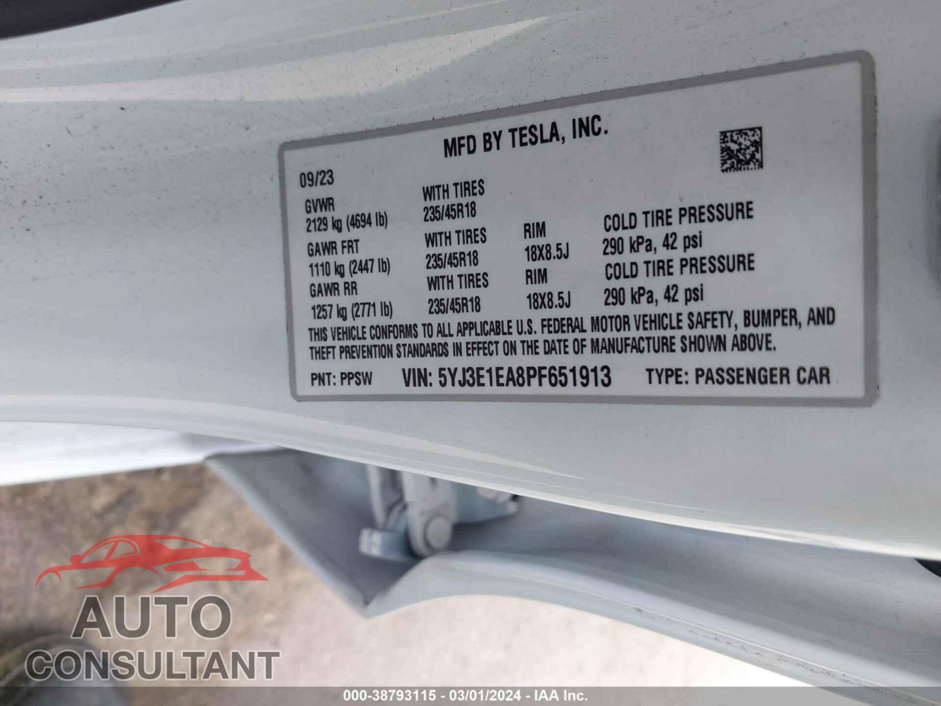 TESLA MODEL 3 2023 - 5YJ3E1EA8PF651913