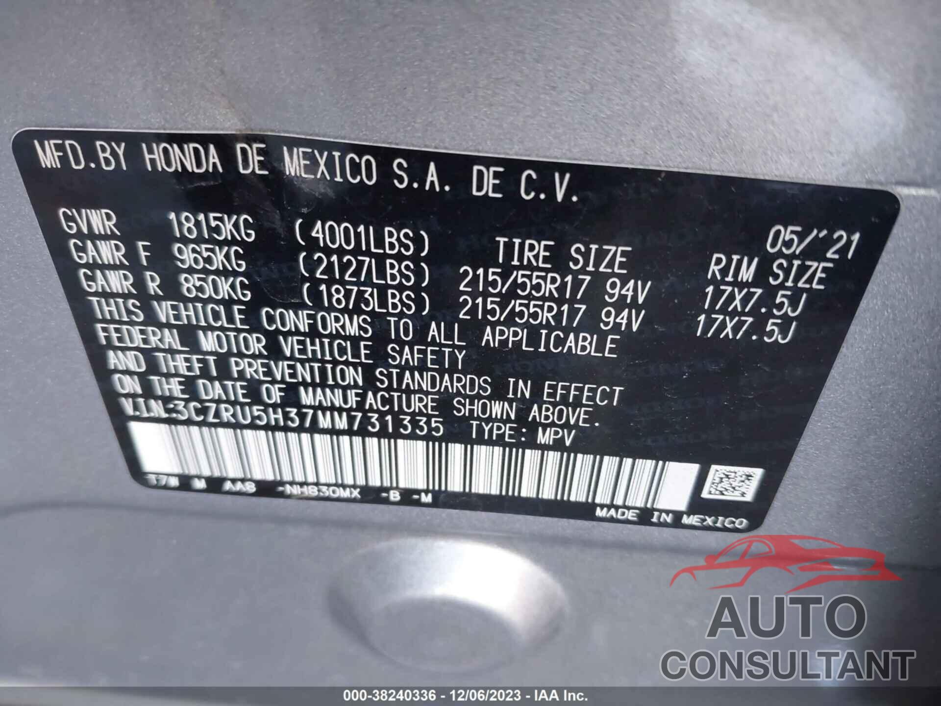 HONDA HR-V 2021 - 3CZRU5H37MM731335