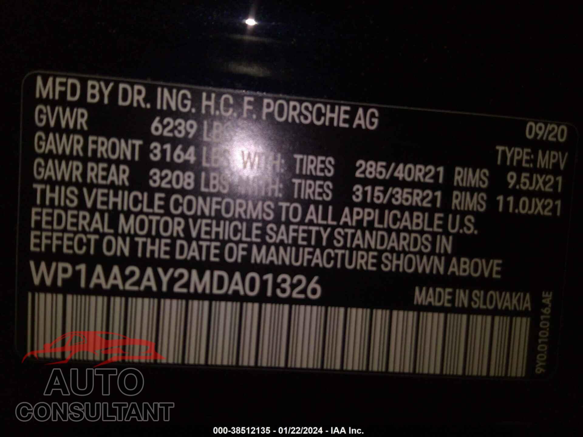 PORSCHE CAYENNE 2021 - WP1AA2AY2MDA01326