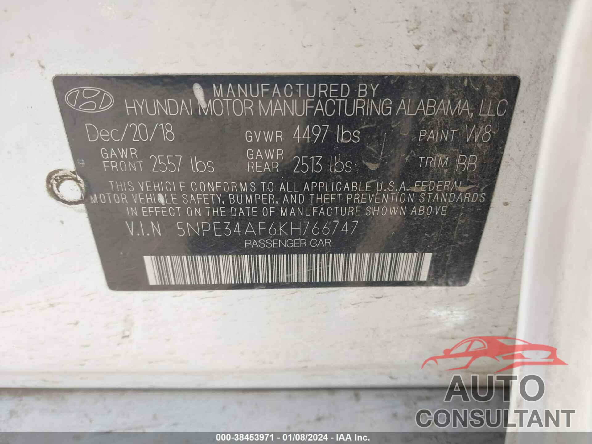 HYUNDAI SONATA 2019 - 5NPE34AF6KH766747