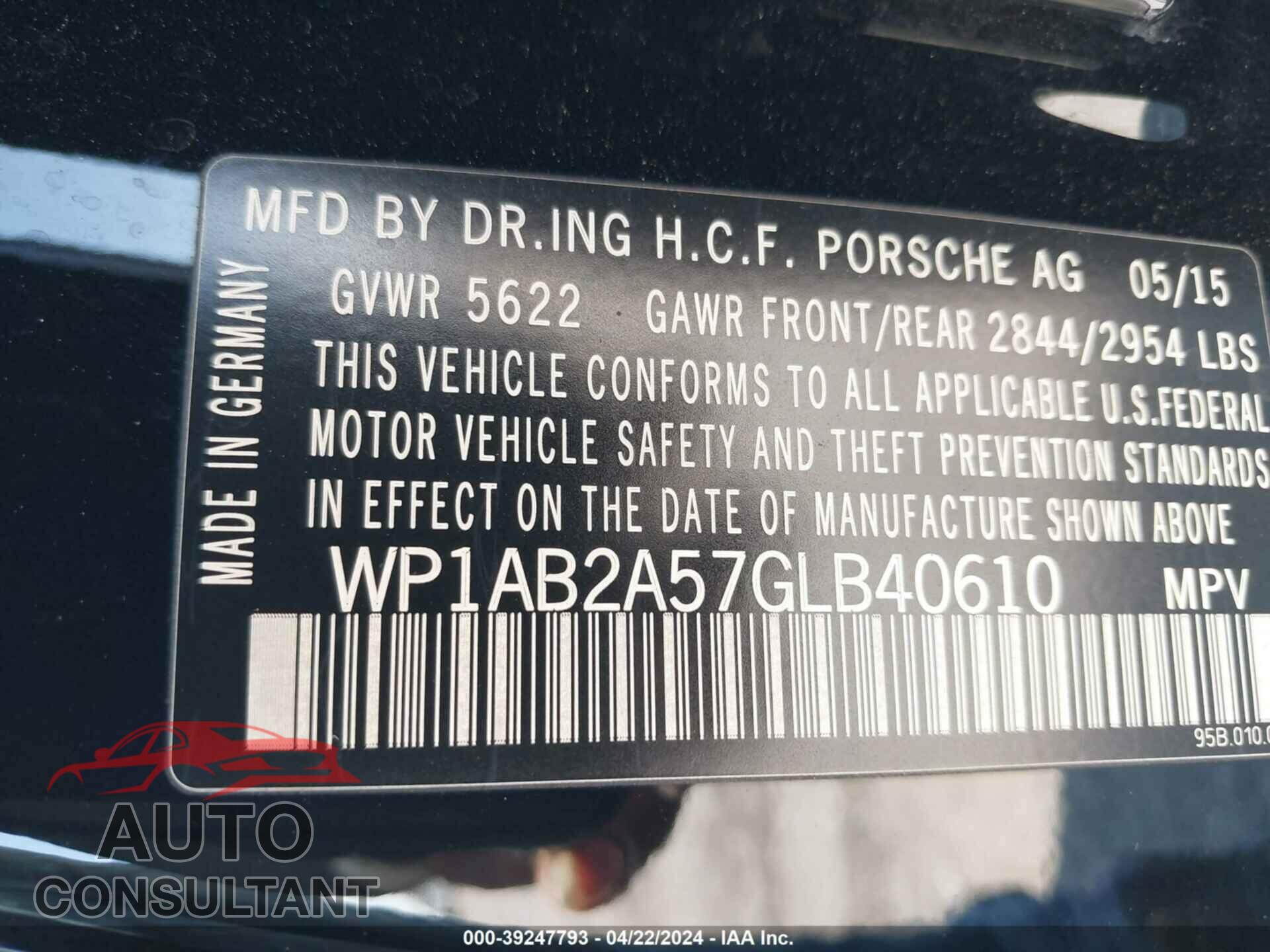 PORSCHE MACAN 2016 - WP1AB2A57GLB40610