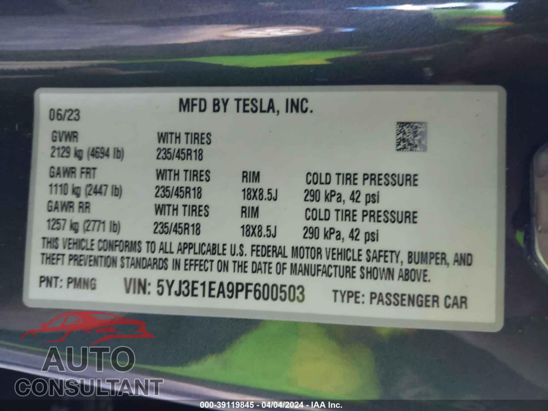 TESLA MODEL 3 2023 - 5YJ3E1EA9PF600503