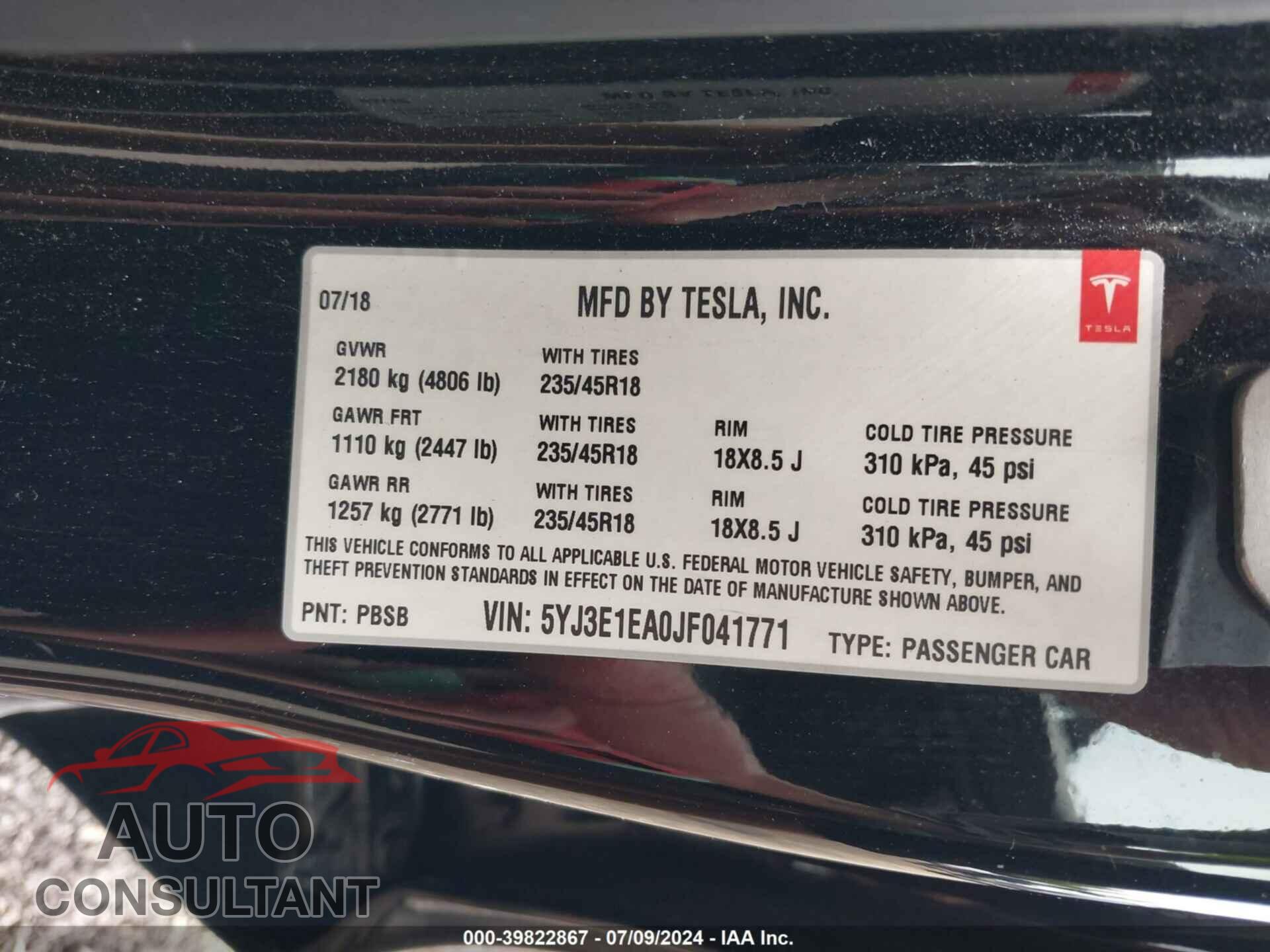 TESLA MODEL 3 2018 - 5YJ3E1EA0JF041771