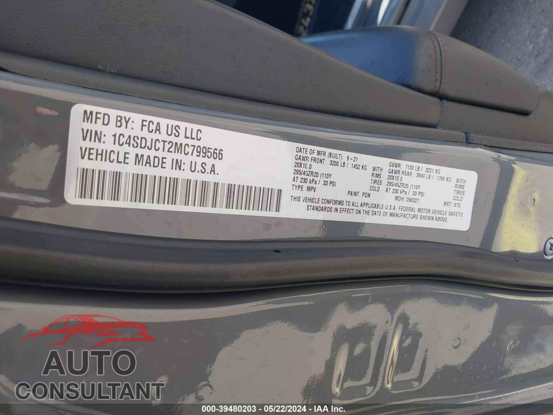 DODGE DURANGO 2021 - 1C4SDJCT2MC799566